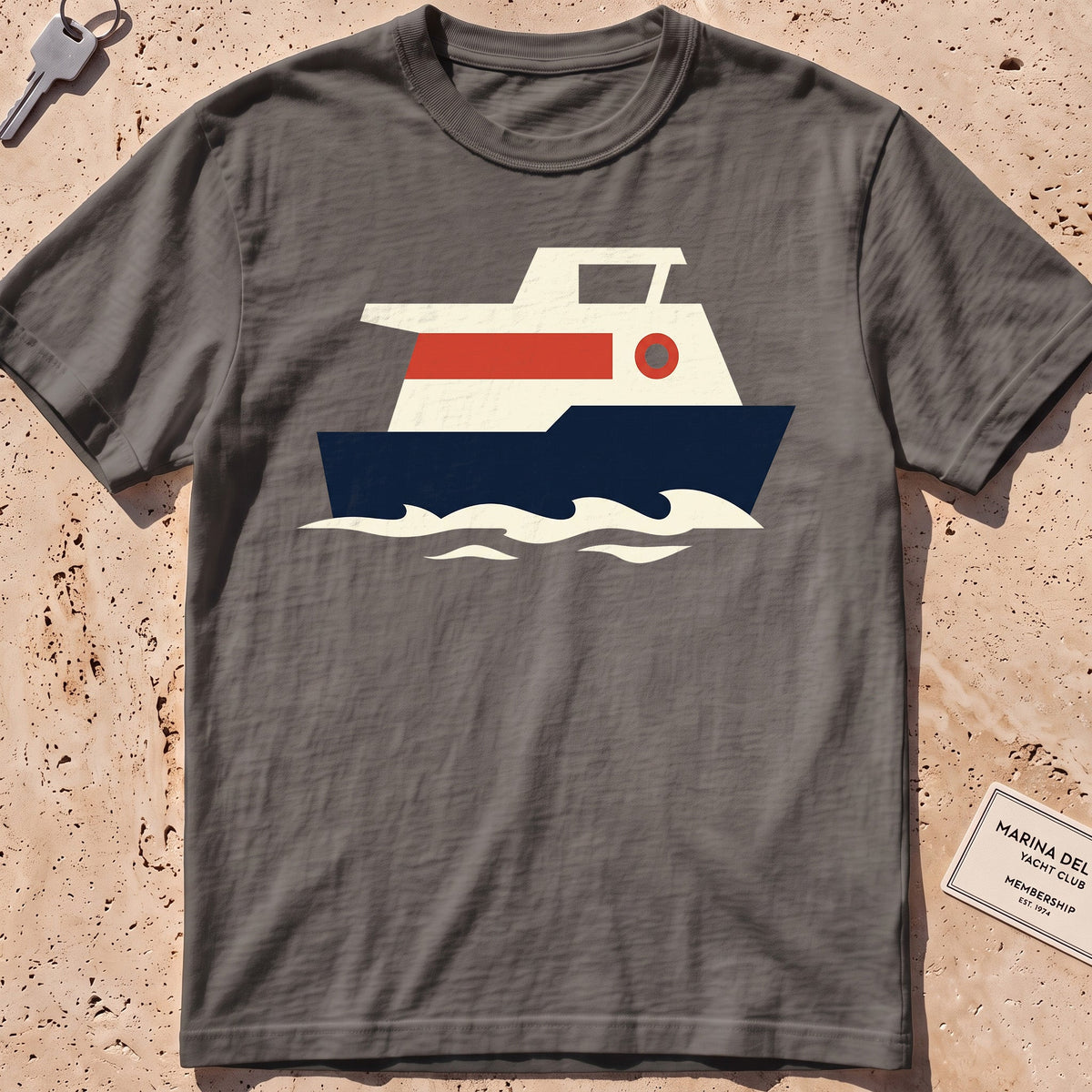 pepper heavyweight tee with a flat-geometric harbour ferry graphic.