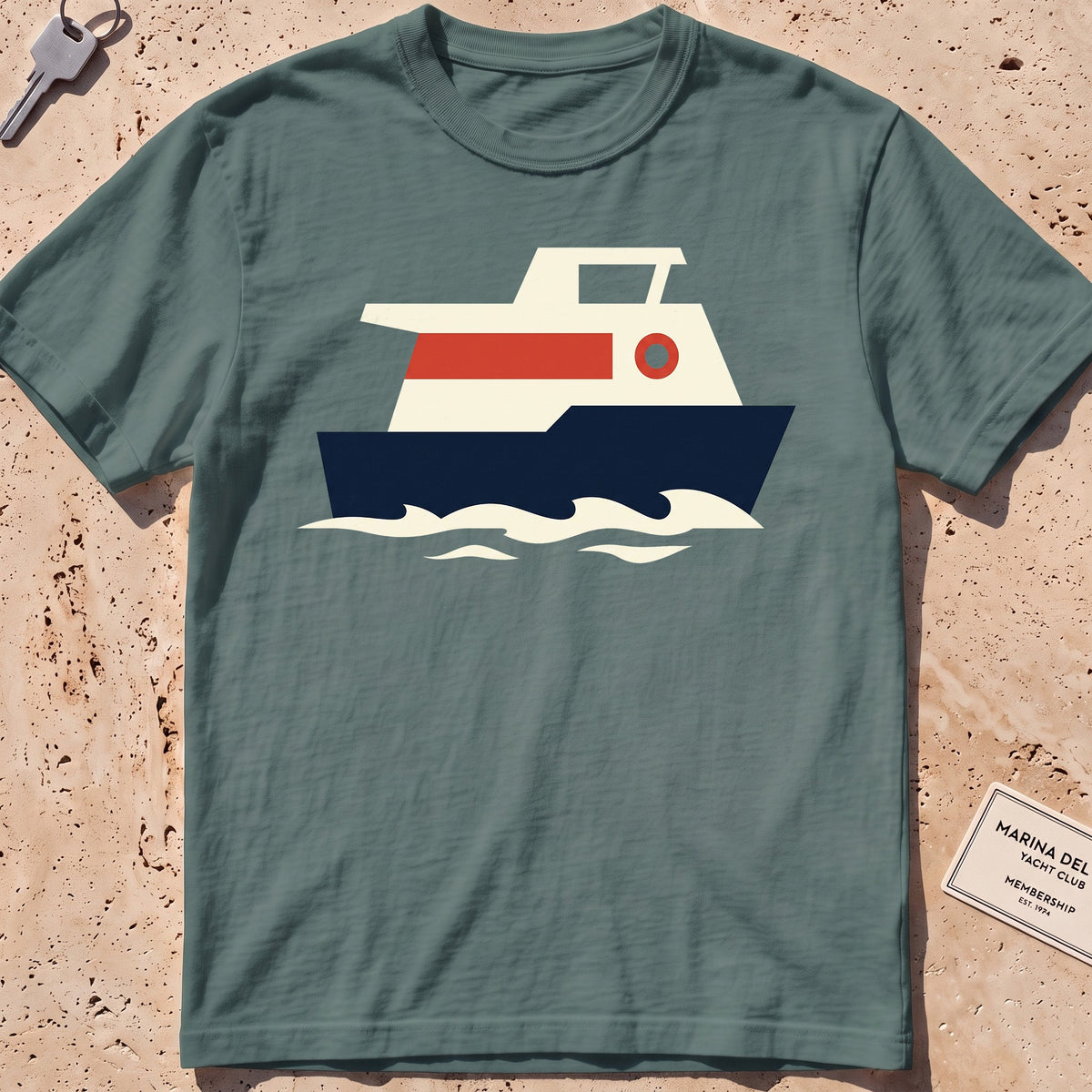 blue spruce heavyweight tee with a flat-geometric harbour ferry graphic.