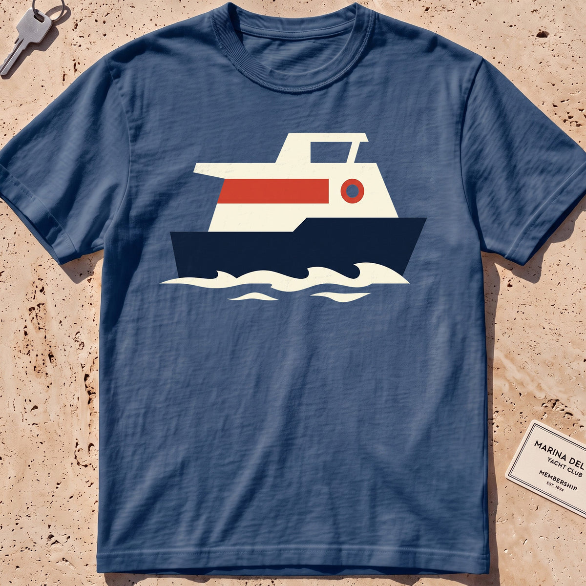 midnight heavyweight tee with a flat-geometric harbour ferry graphic.