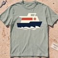 bay heavyweight tee with a flat-geometric harbour ferry graphic.