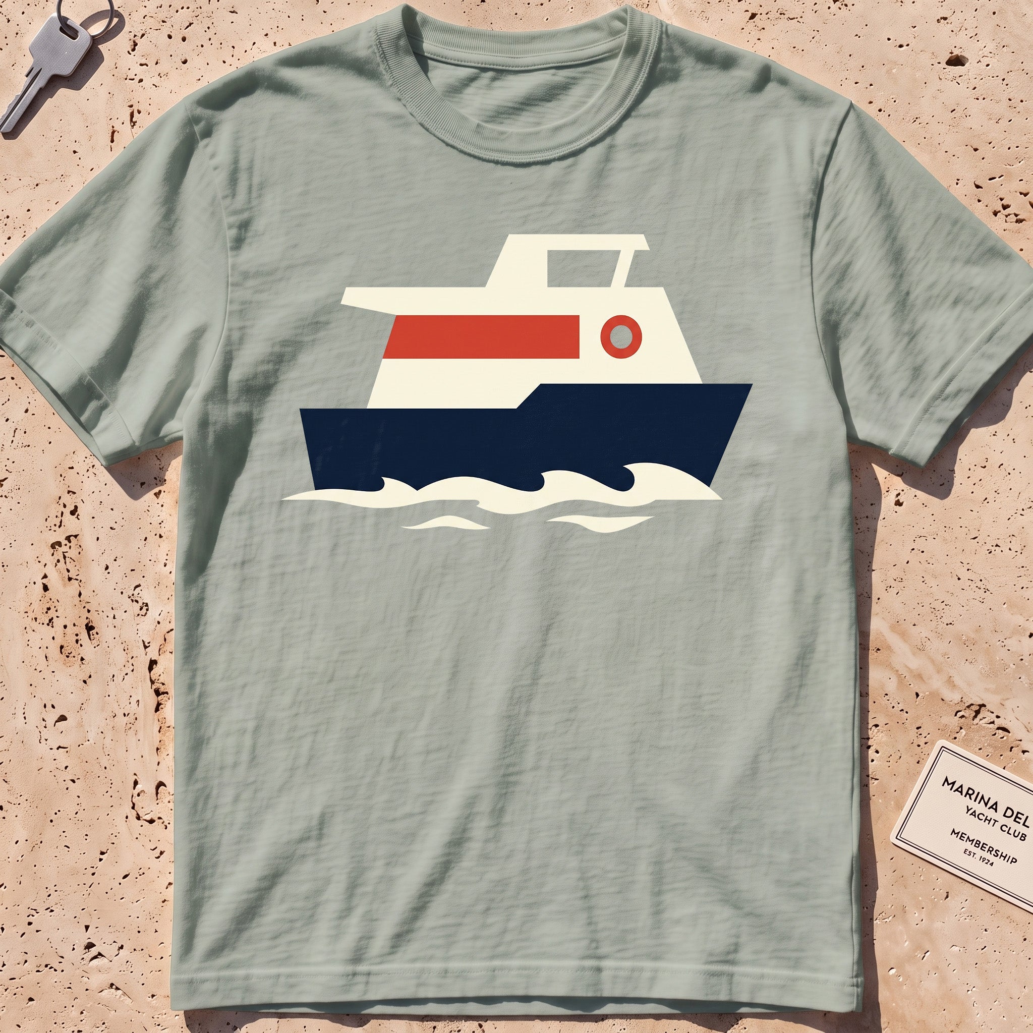 bay heavyweight tee with a flat-geometric harbour ferry graphic.
