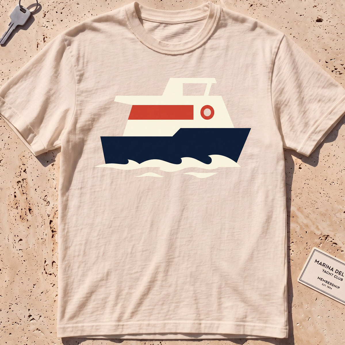 ivory heavyweight tee with a flat-geometric harbour ferry graphic.