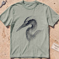 bay heavyweight tee with an etched heron-head portrait graphic.