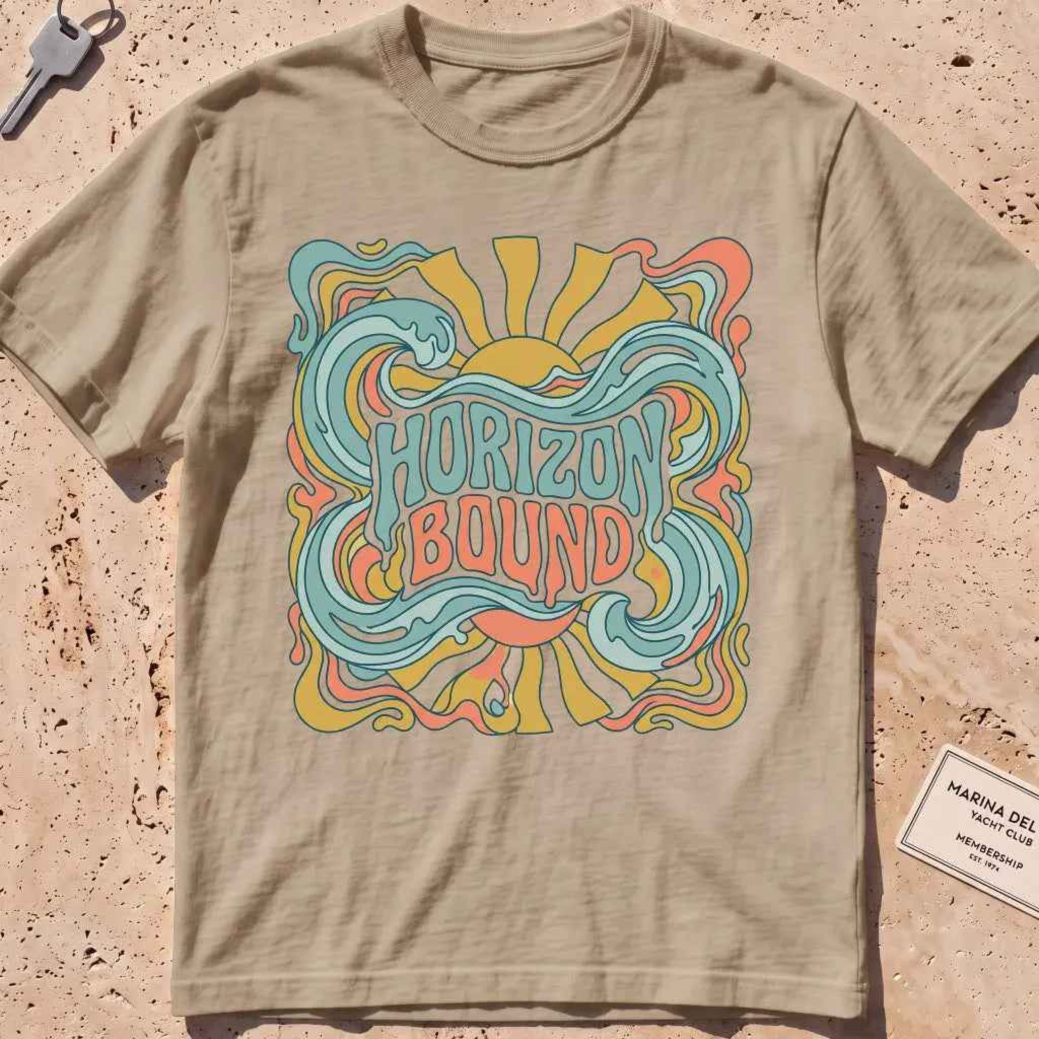 khaki heavyweight tee with retro "Horizon Bound" lettering over waves.