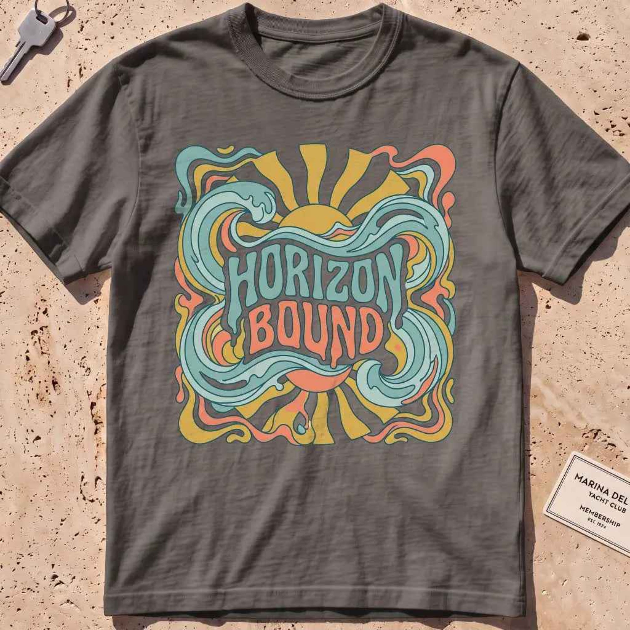 pepper heavyweight tee with retro "Horizon Bound" lettering over waves.