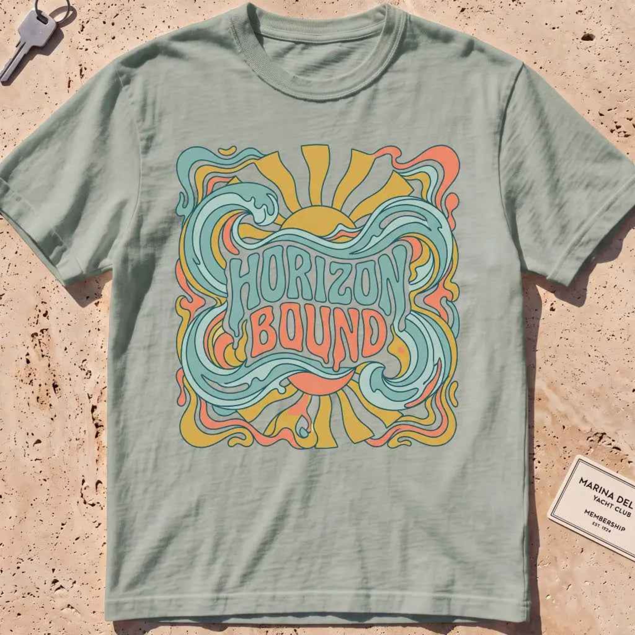 bay heavyweight tee with retro "Horizon Bound" lettering over waves.