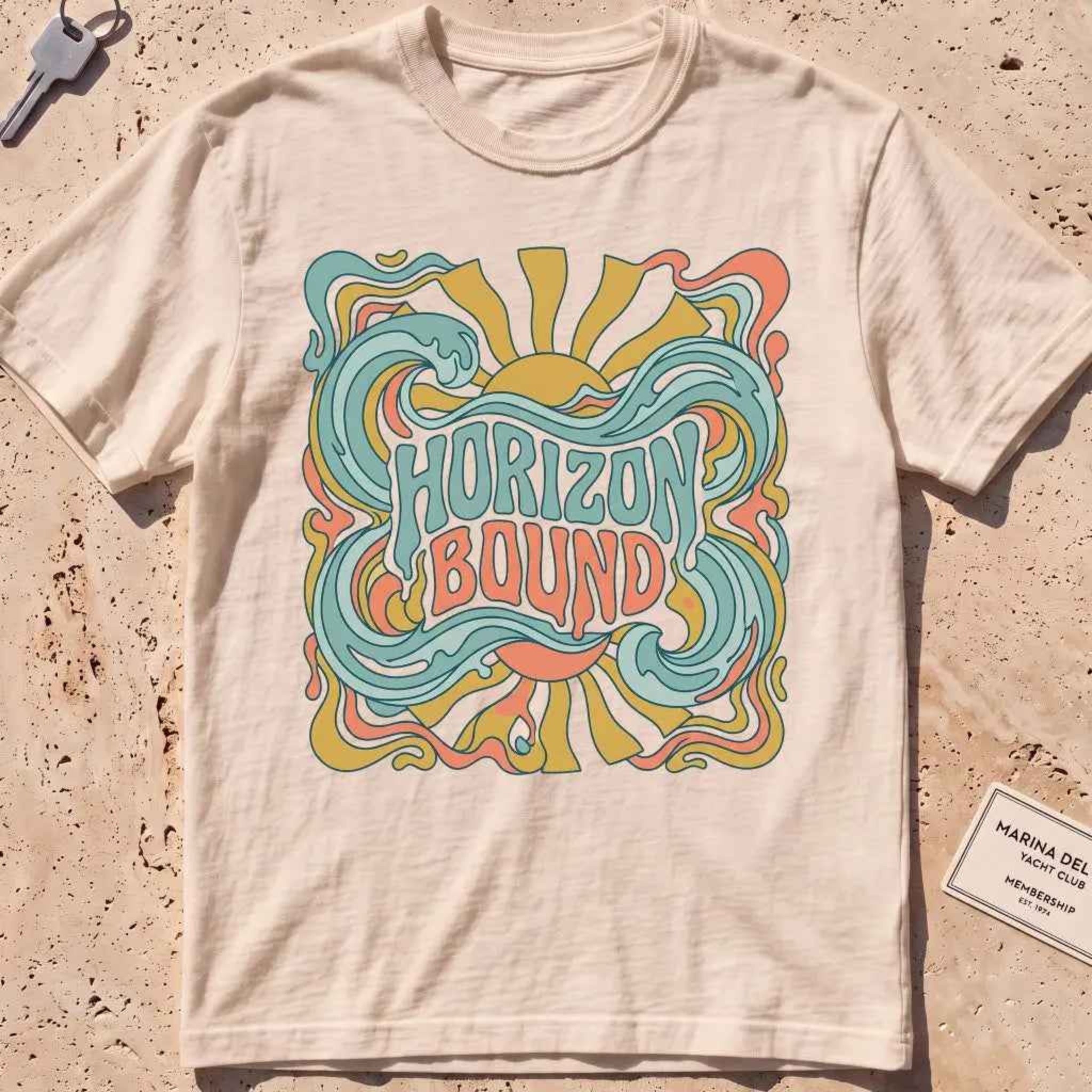 ivory heavyweight tee with retro "Horizon Bound" lettering over waves.