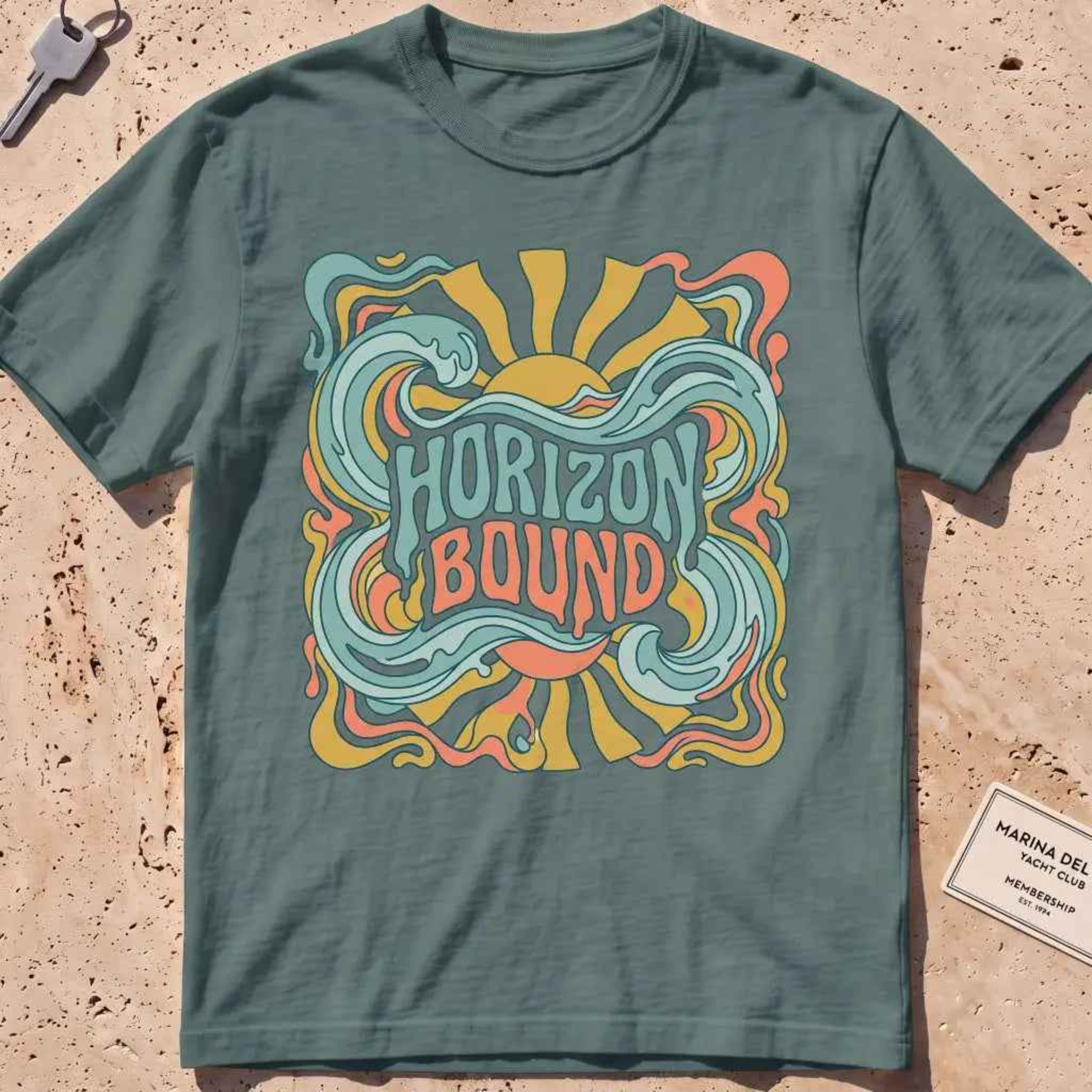 blue spruce heavyweight tee with retro "Horizon Bound" lettering over waves.