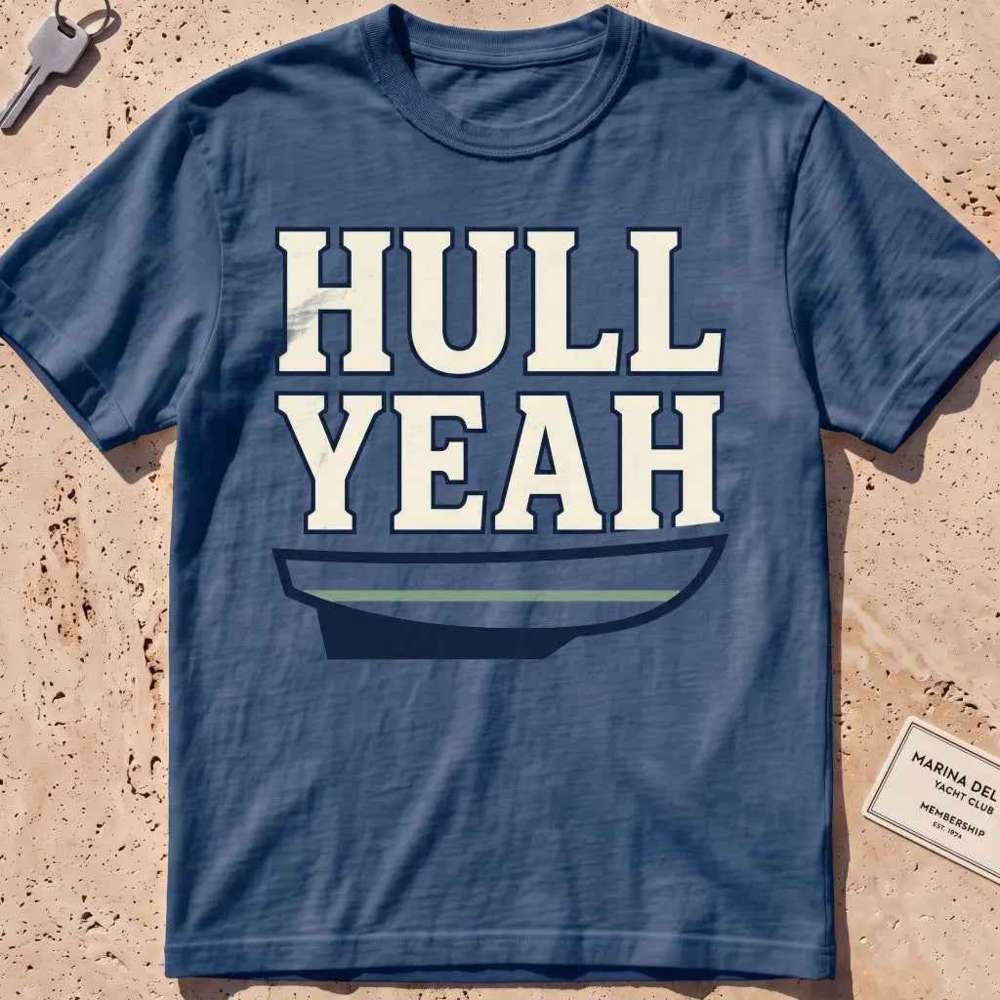 midnight heavyweight tee with a boat hull and bold "Hull Yeah" nautical pun type.