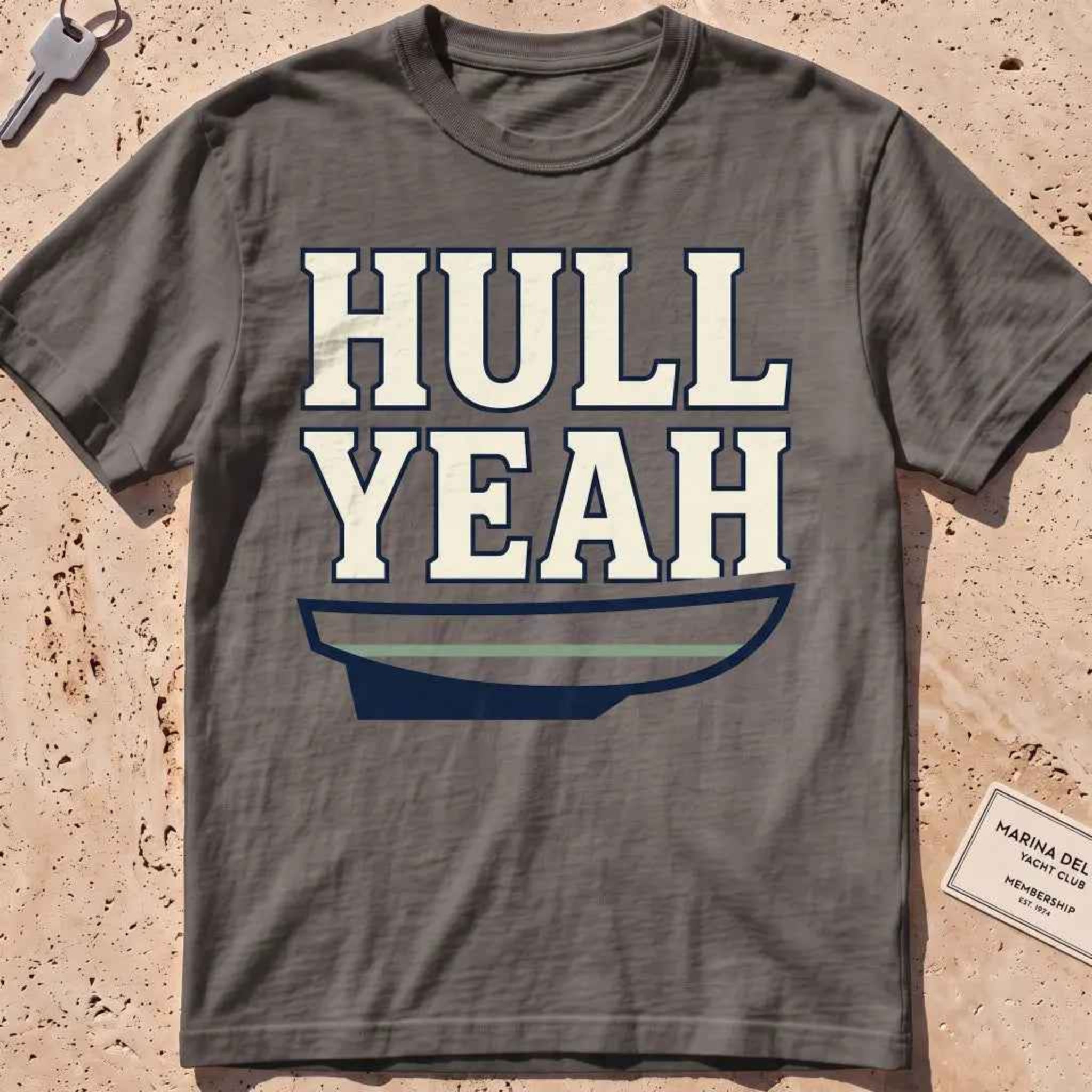 pepper heavyweight tee with a boat hull and bold "Hull Yeah" nautical pun type.
