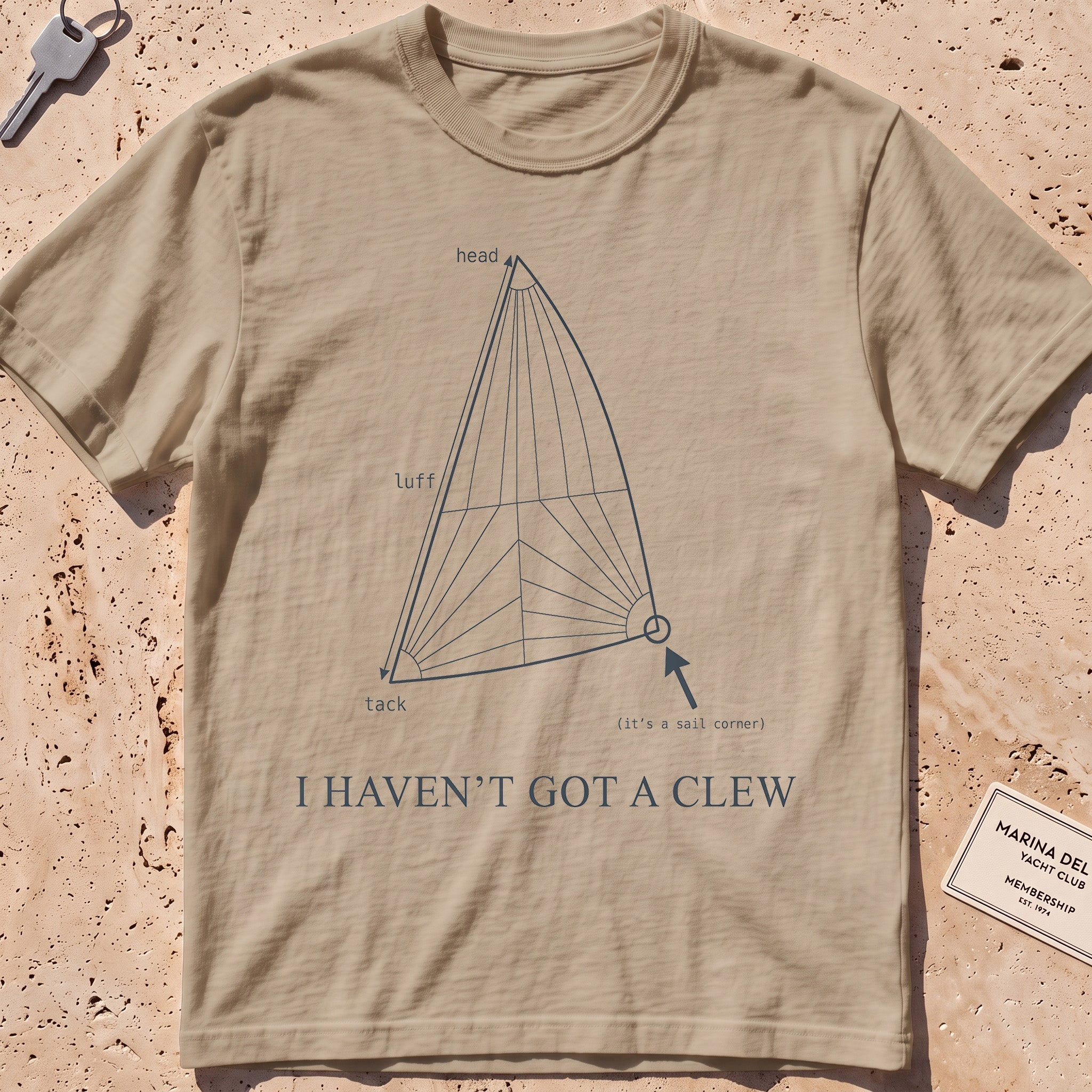 khaki heavyweight tee with a labelled sail diagram "I Haven't Got a Clew" graphic.