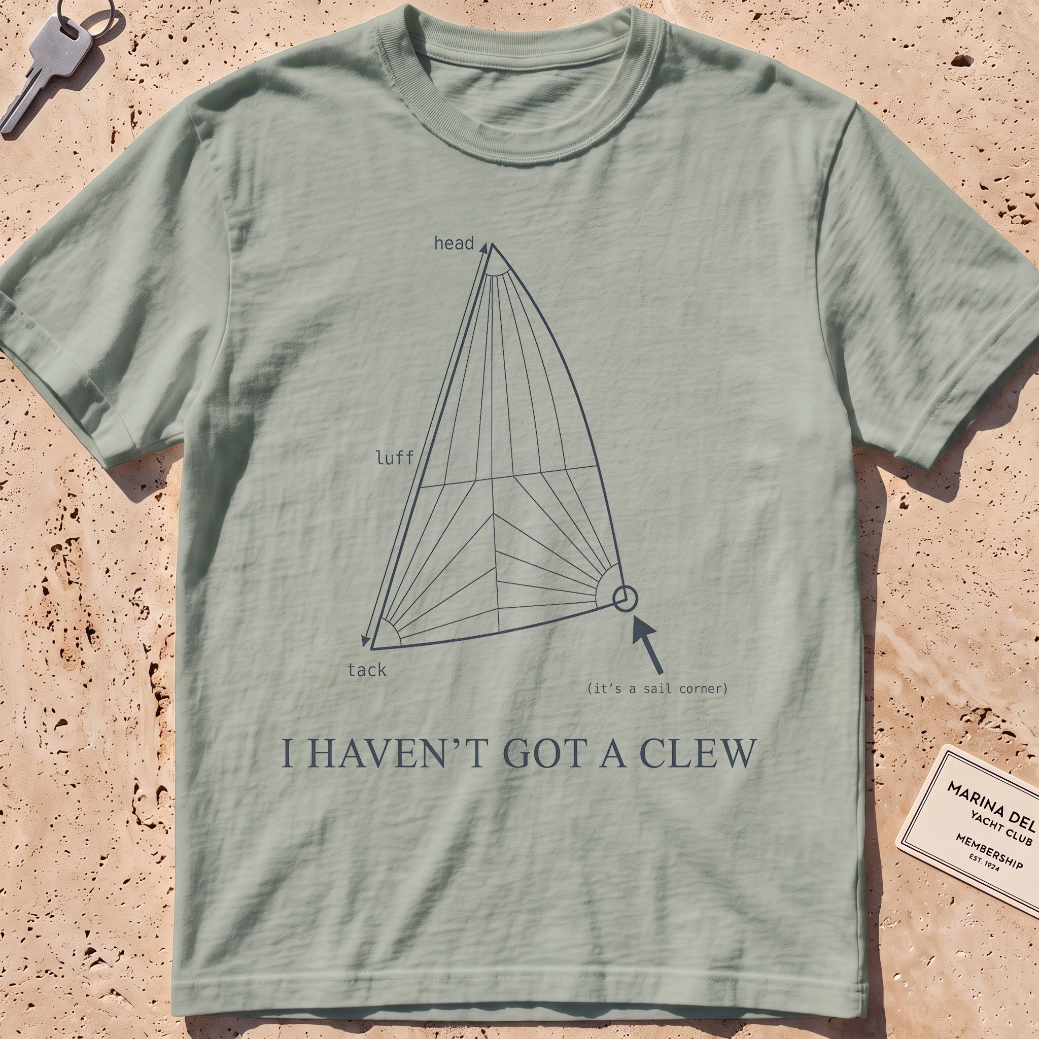 bay heavyweight tee with a labelled sail diagram "I Haven't Got a Clew" graphic.