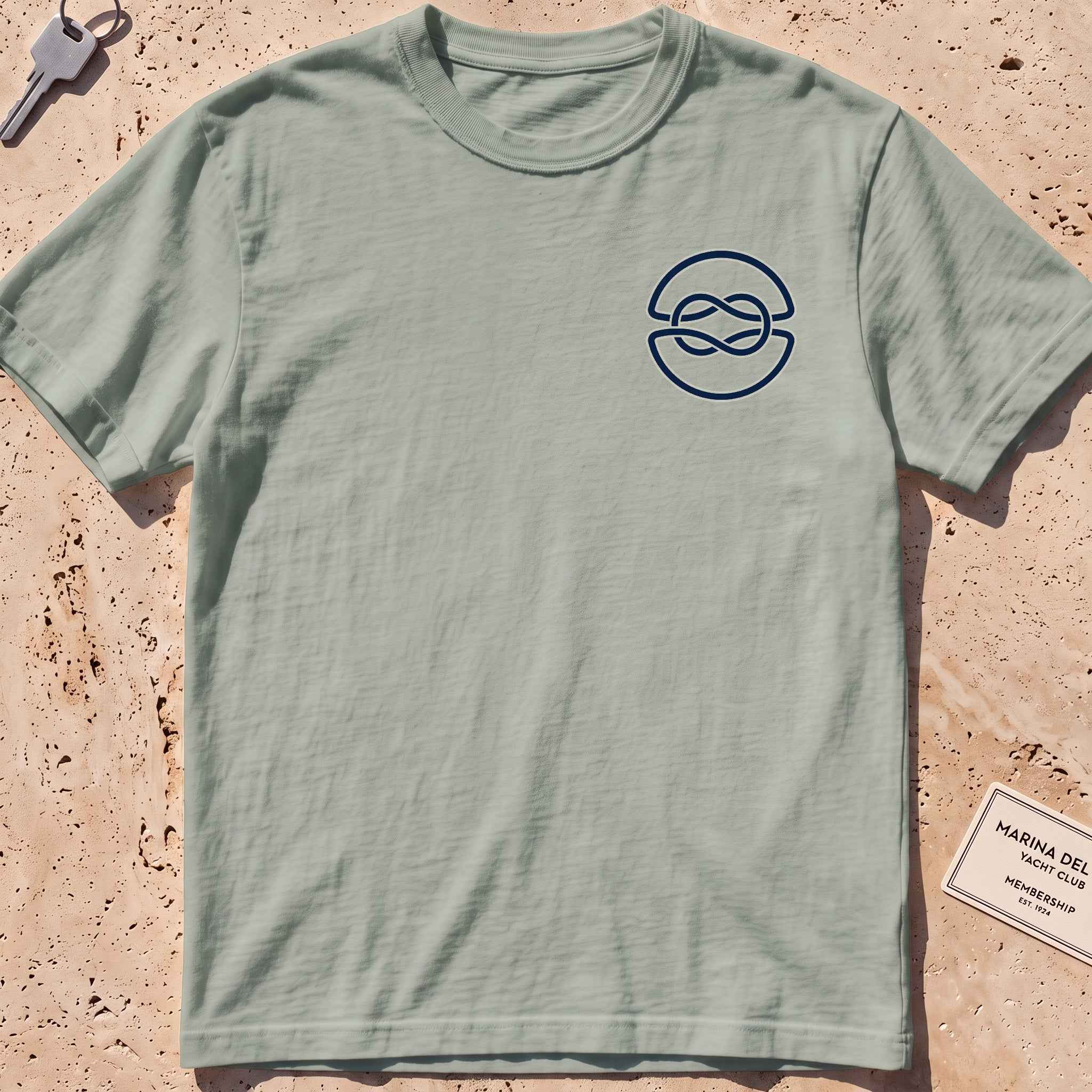 bay heavyweight tee with a clean overhand-knot crest graphic.