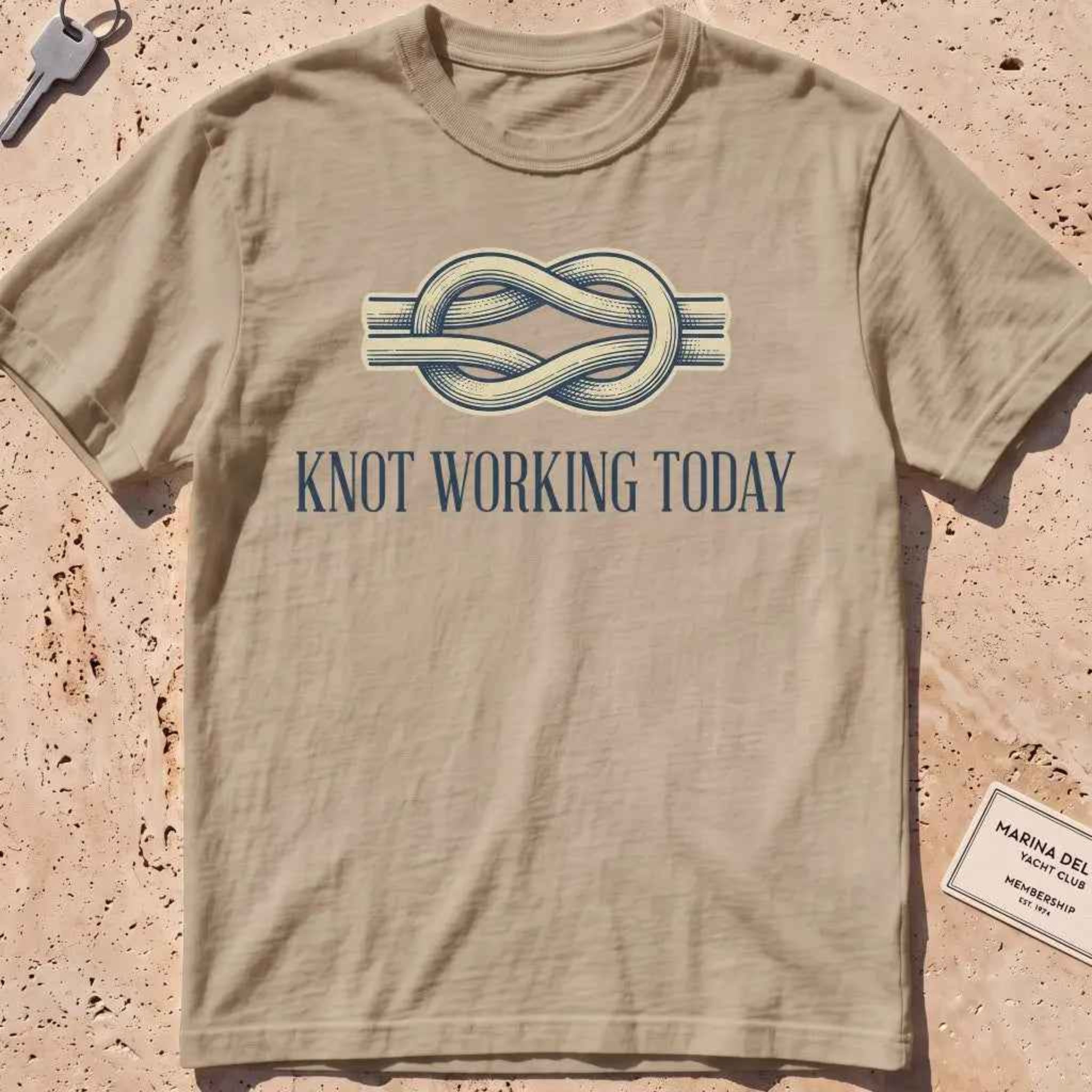 khaki heavyweight tee with an engraved knot and "Knot Working Today" text.