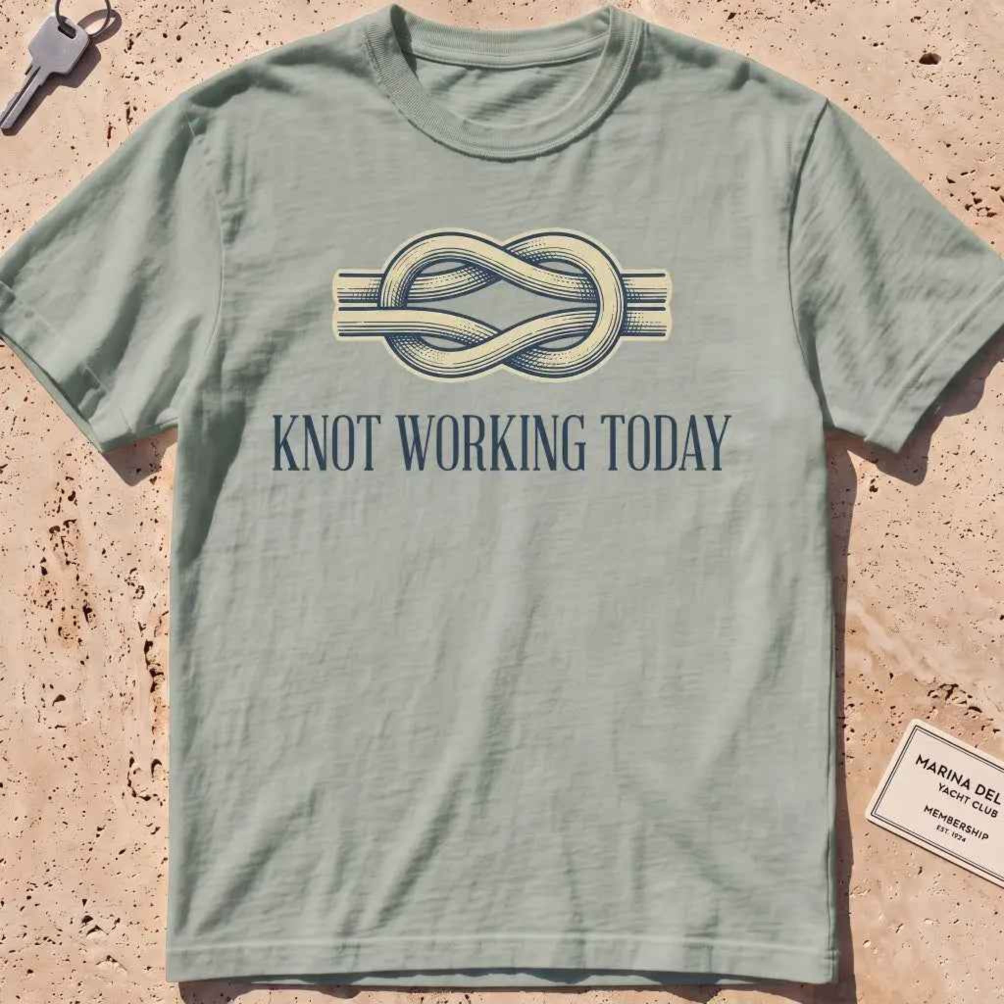 bay heavyweight tee with an engraved knot and "Knot Working Today" text.