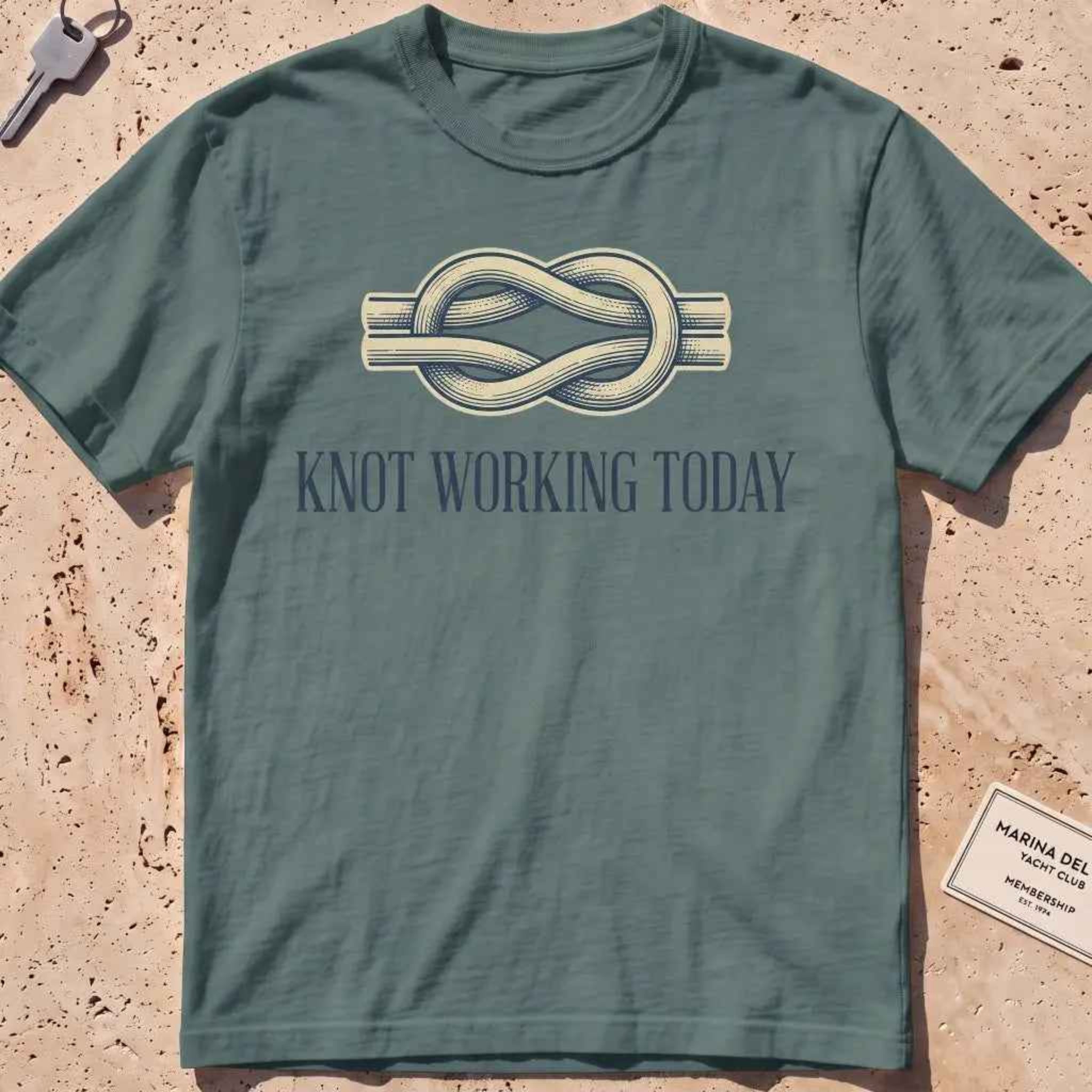 blue spruce heavyweight tee with an engraved knot and "Knot Working Today" text.