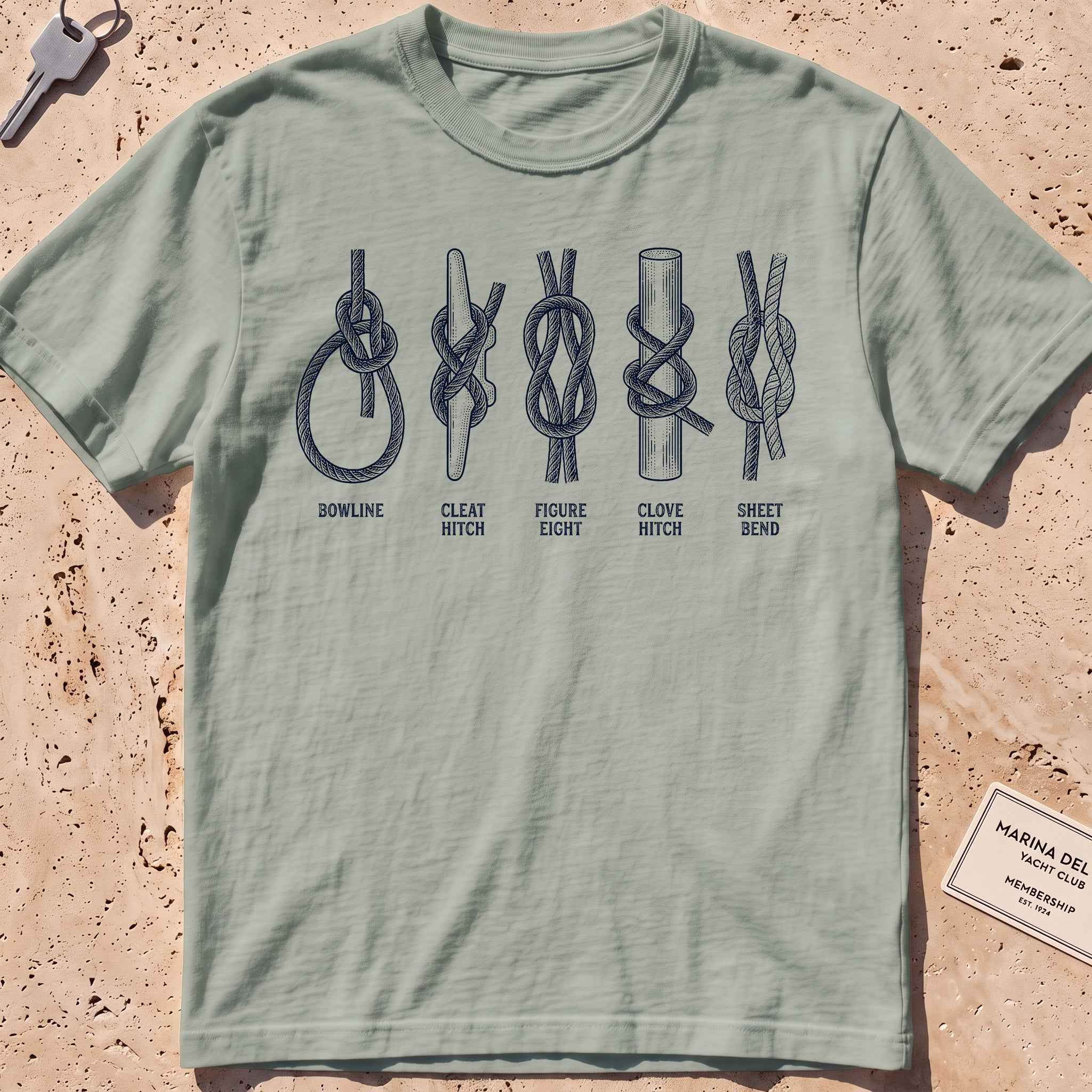 bay heavyweight tee with an etched chart of sailing knots graphic.