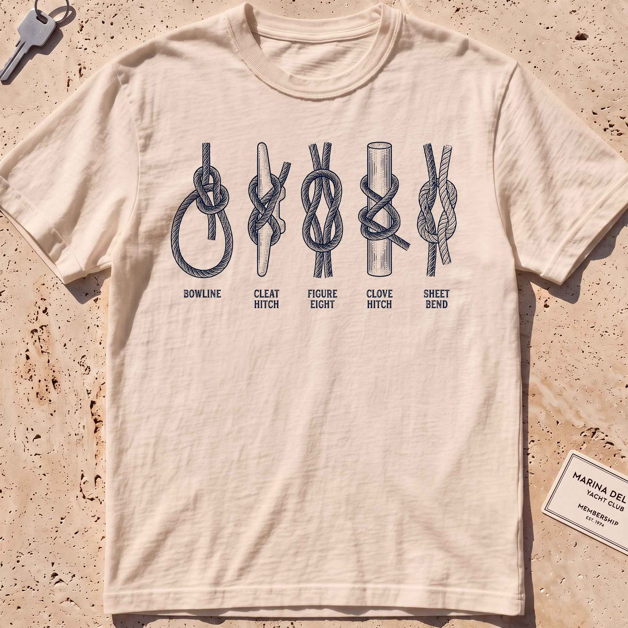 ivory heavyweight tee with an etched chart of sailing knots graphic.