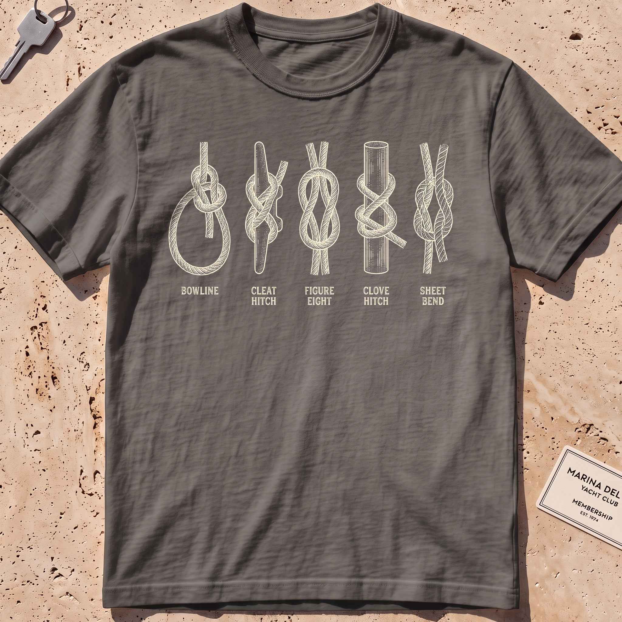 pepper heavyweight tee with an etched chart of sailing knots graphic.