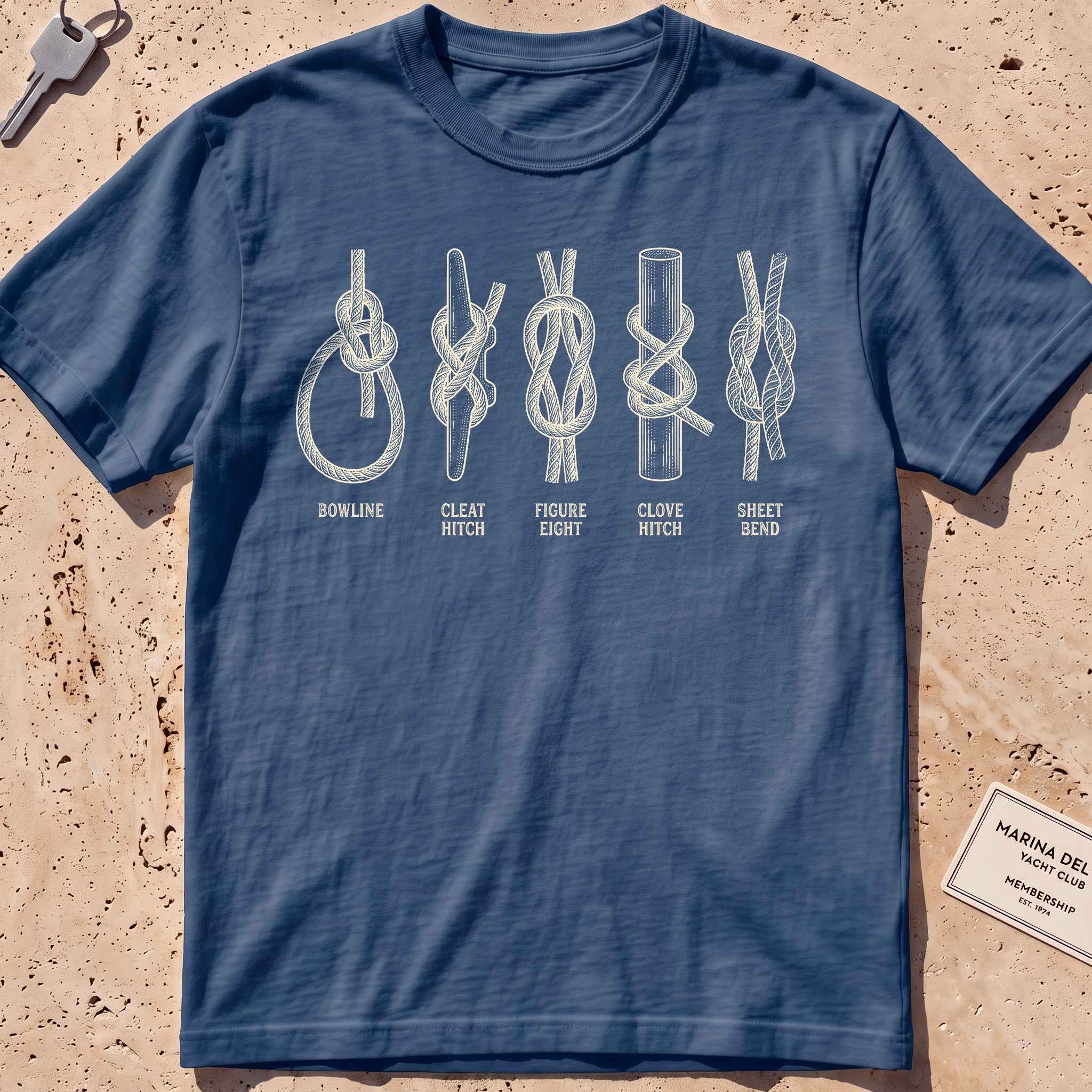 midnight heavyweight tee with an etched chart of sailing knots graphic.