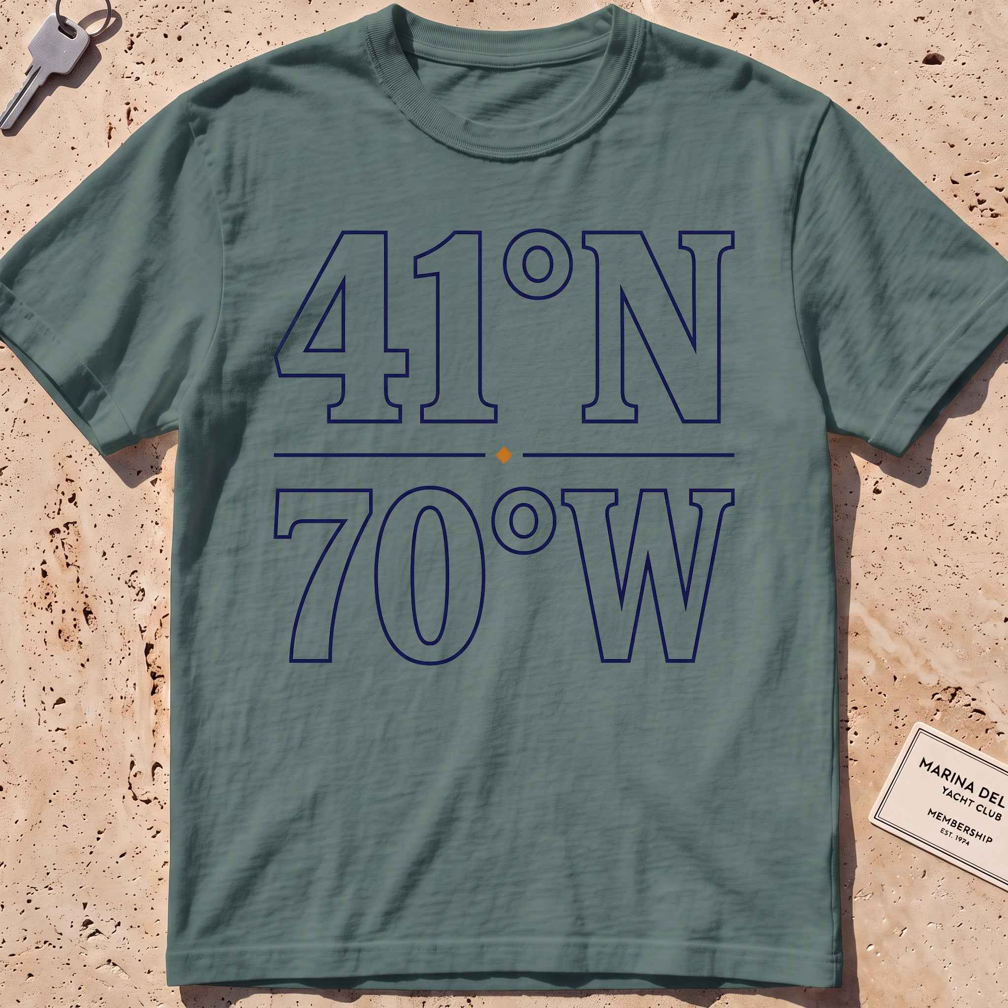 blue spruce heavyweight tee with bold nautical coordinates graphic.