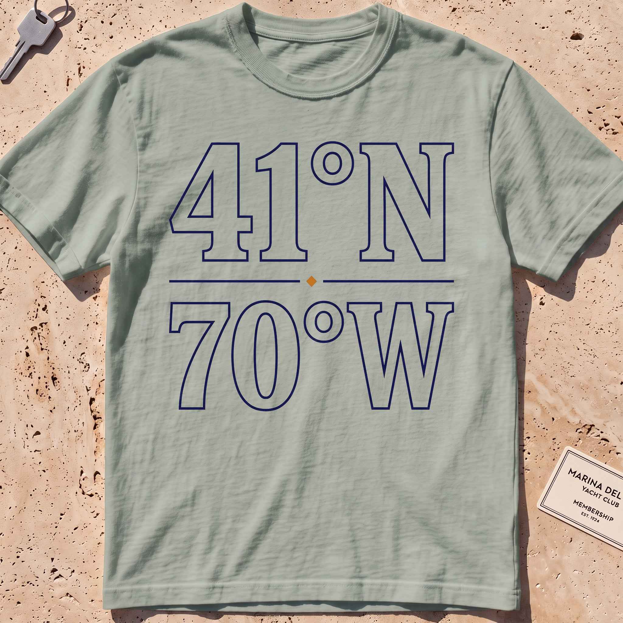bay heavyweight tee with bold nautical coordinates graphic.