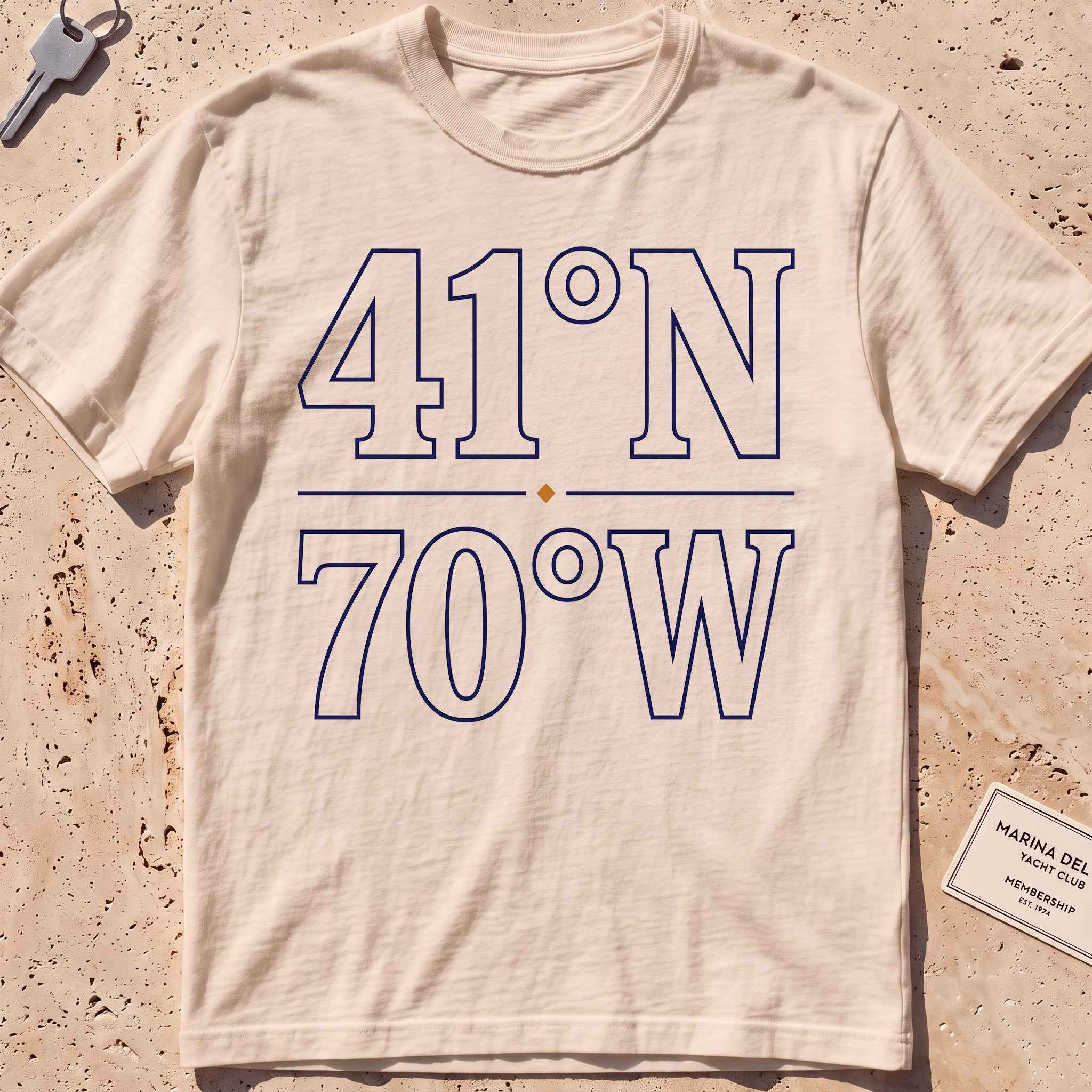 ivory heavyweight tee with bold nautical coordinates graphic.