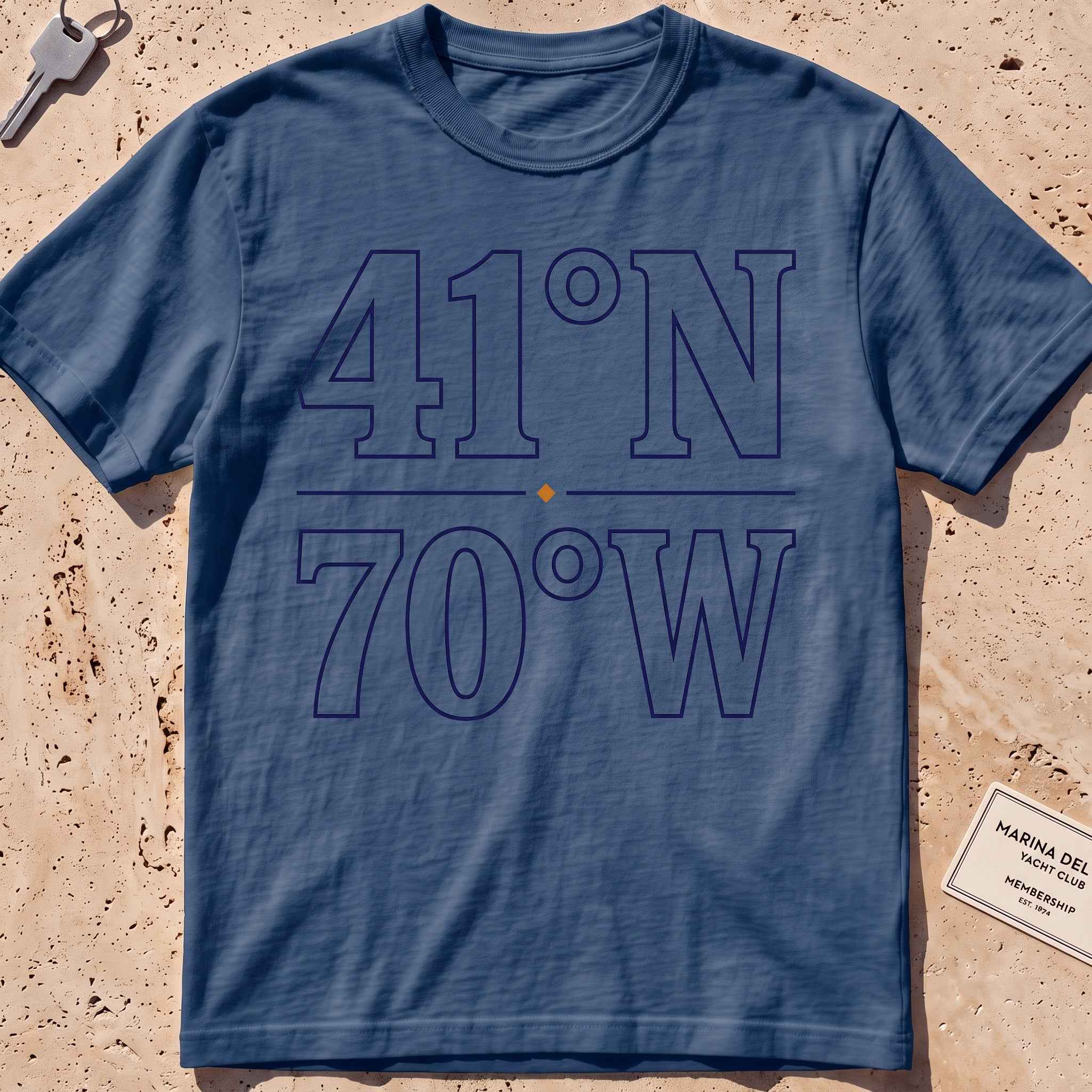 midnight heavyweight tee with bold nautical coordinates graphic.