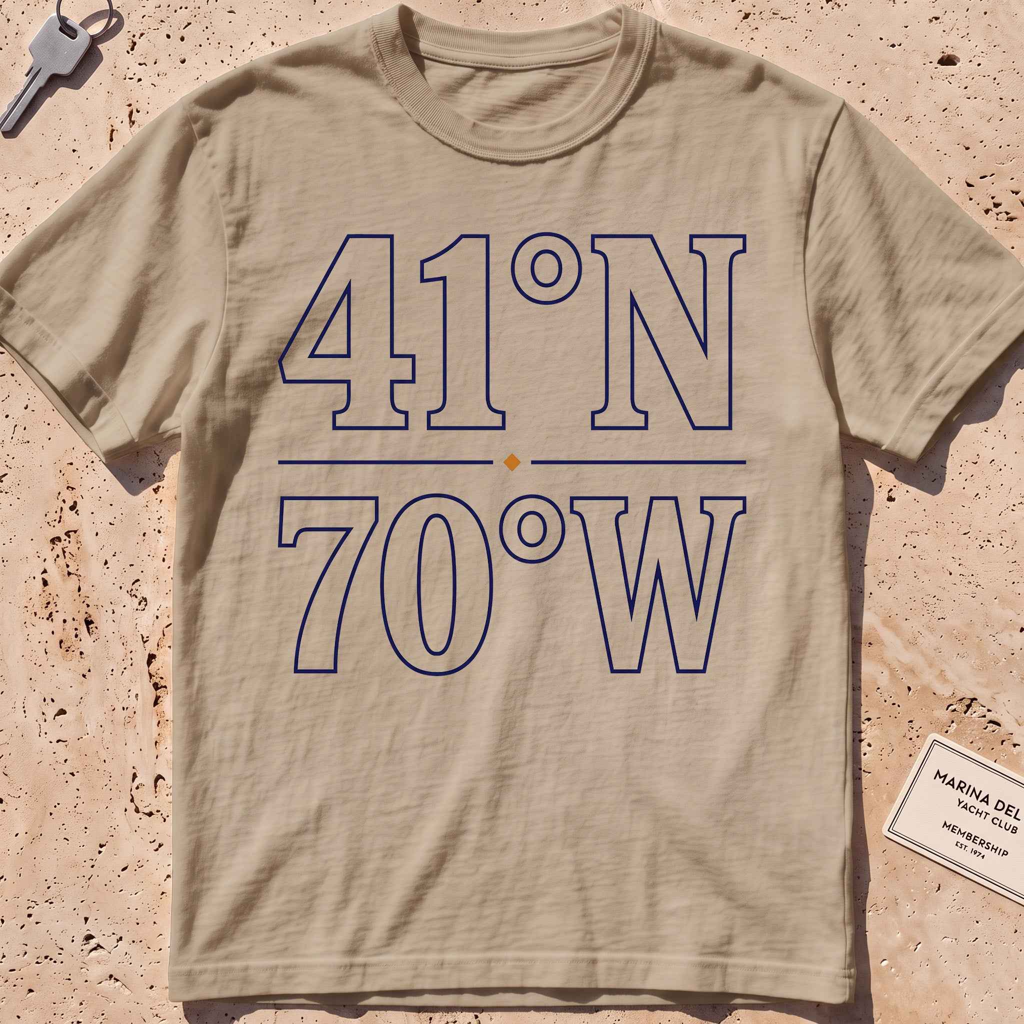 khaki heavyweight tee with bold nautical coordinates graphic.
