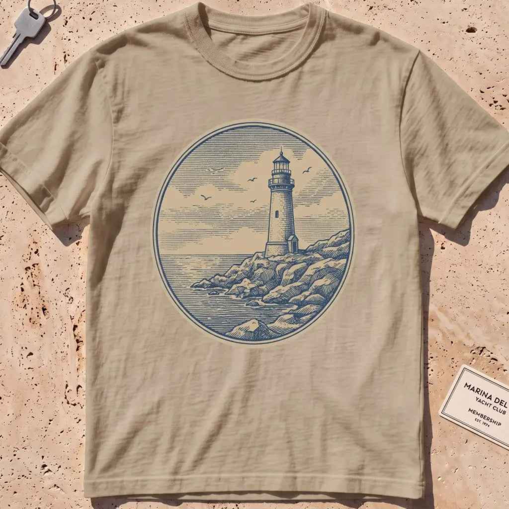 khaki heavyweight tee with an engraved lighthouse badge and "Steady On" motto.