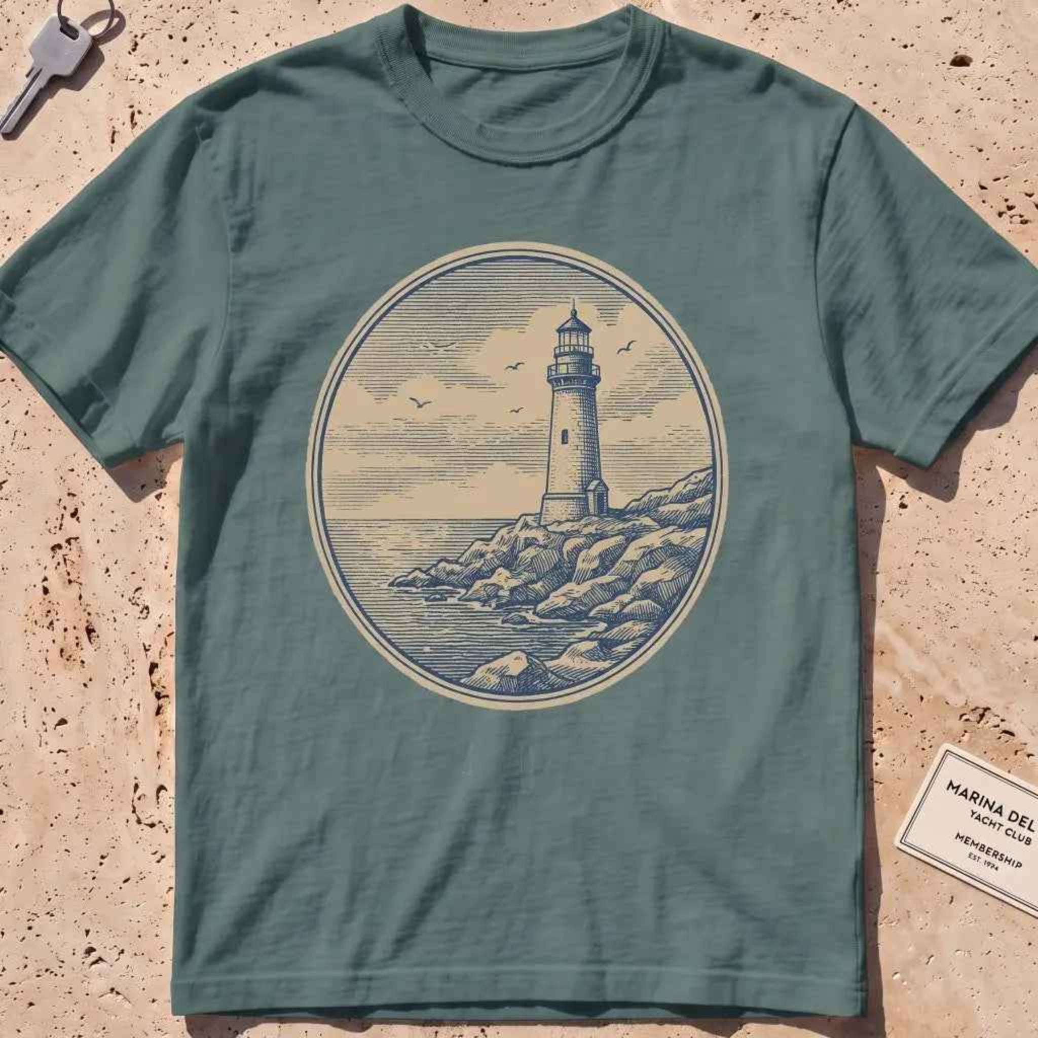 blue spruce heavyweight tee with an engraved lighthouse badge and "Steady On" motto.