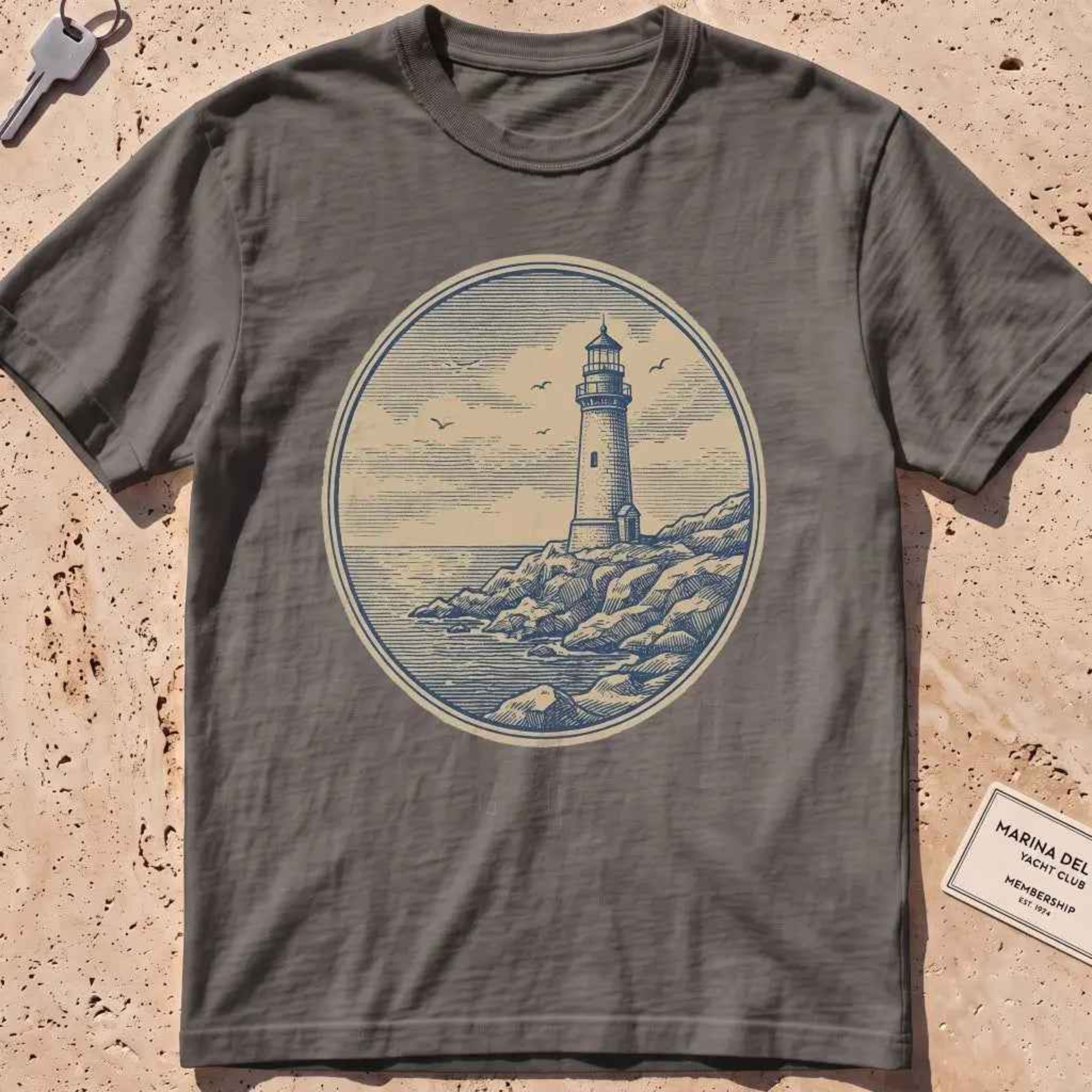 pepper heavyweight tee with an engraved lighthouse badge and "Steady On" motto.