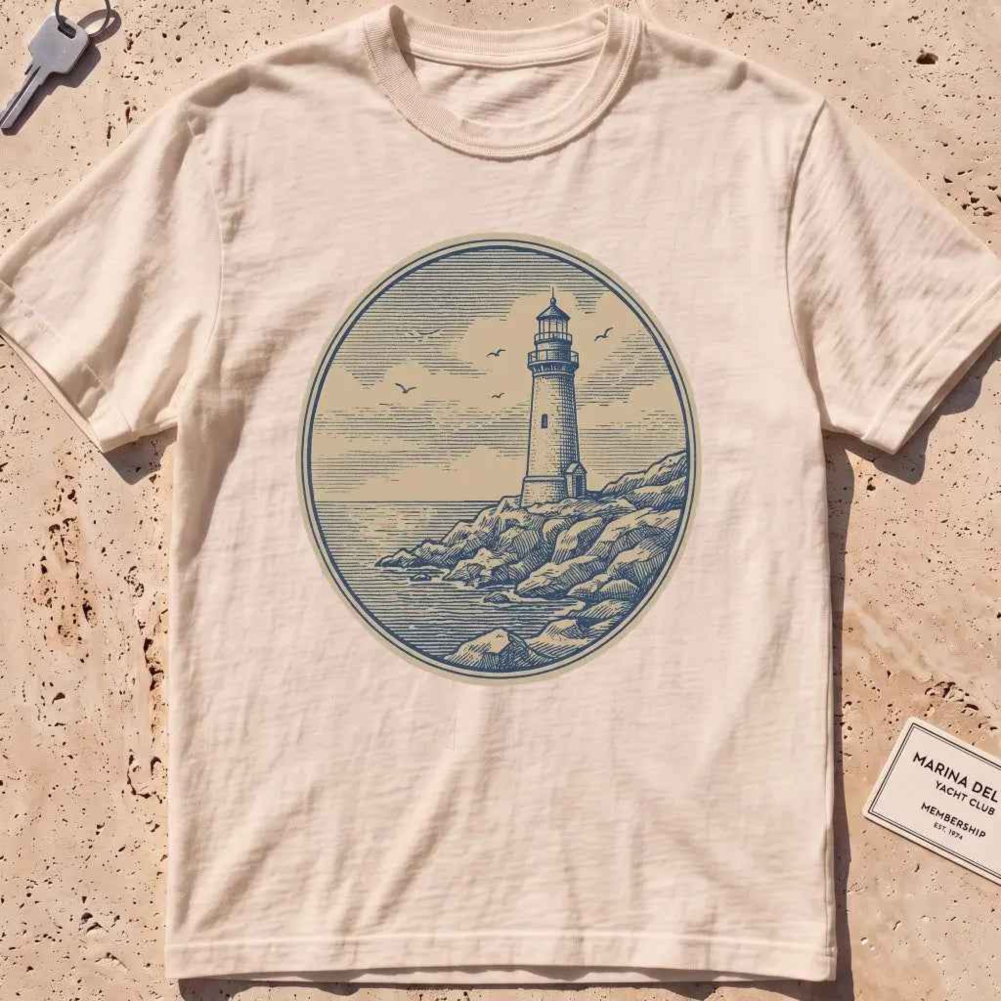 ivory heavyweight tee with an engraved lighthouse badge and "Steady On" motto.