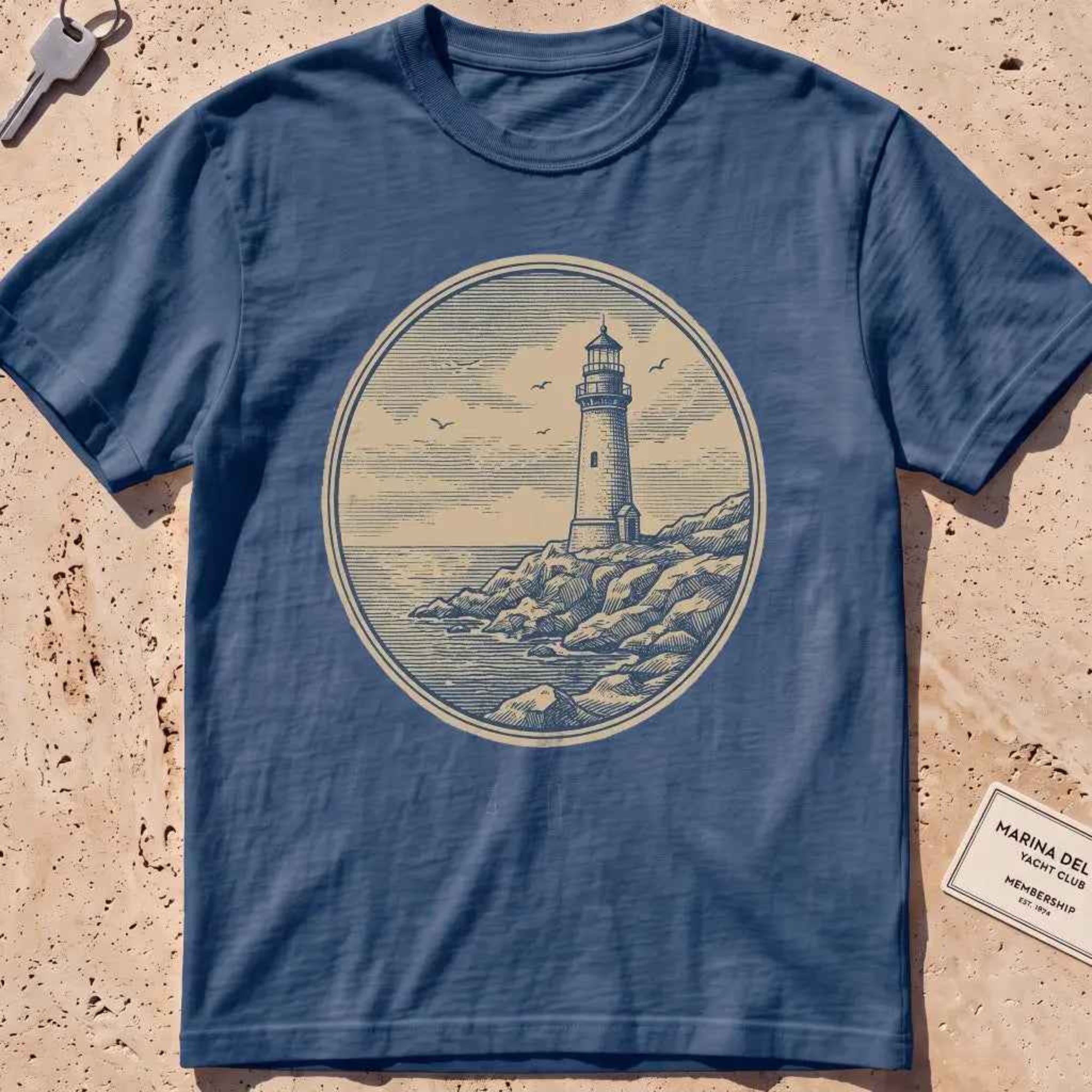 midnight heavyweight tee with an engraved lighthouse badge and "Steady On" motto.