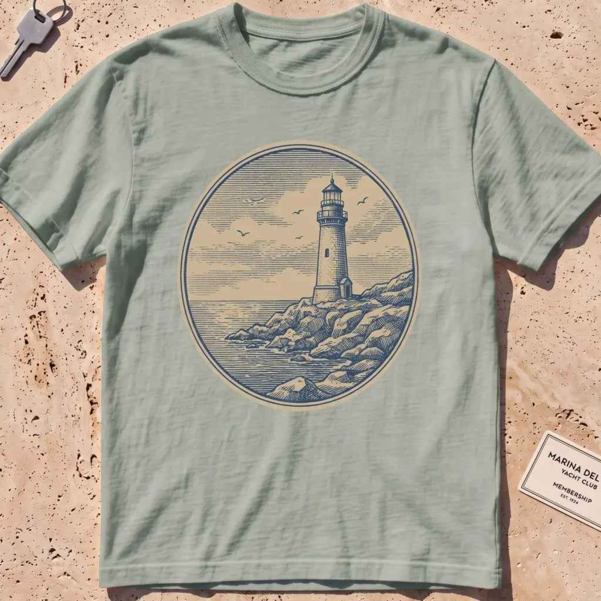 bay heavyweight tee with an engraved lighthouse badge and "Steady On" motto.