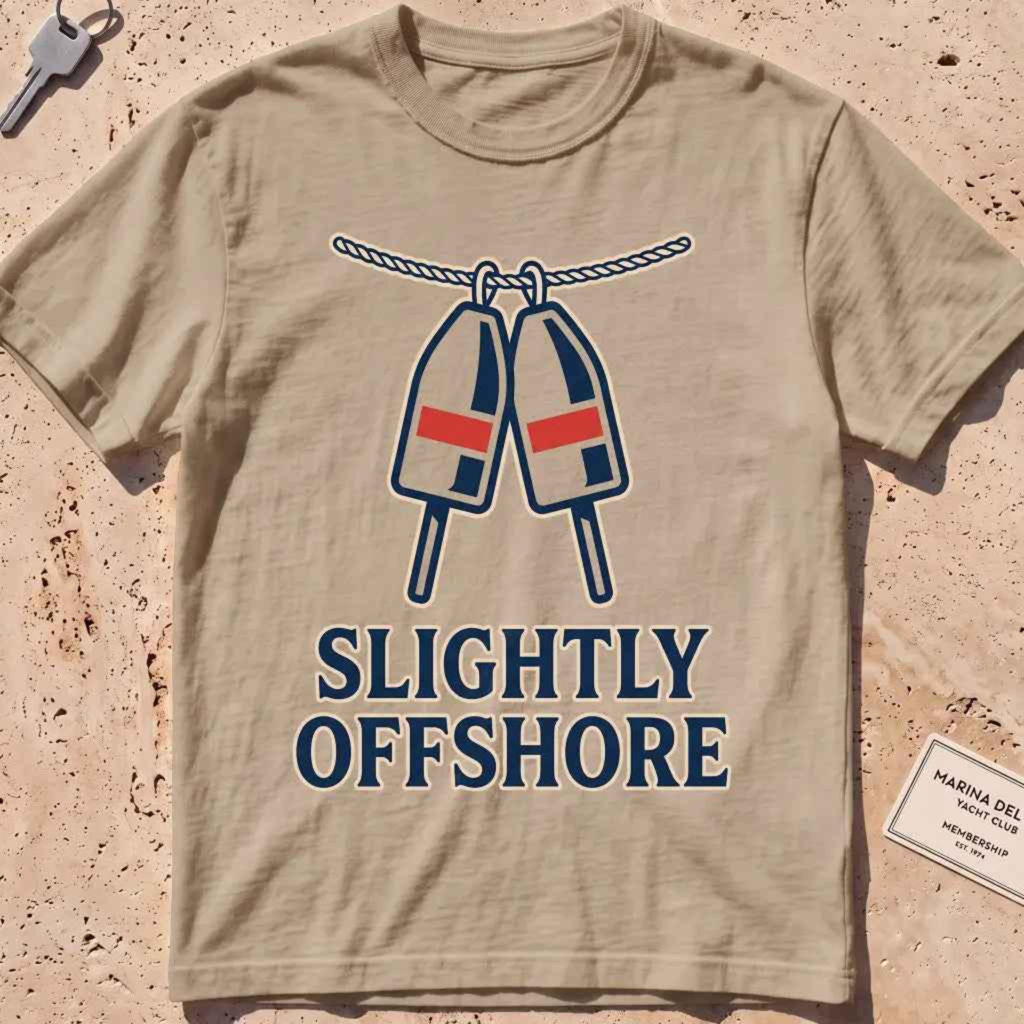 khaki heavyweight tee with a pair of red-accented lobster buoys graphic.