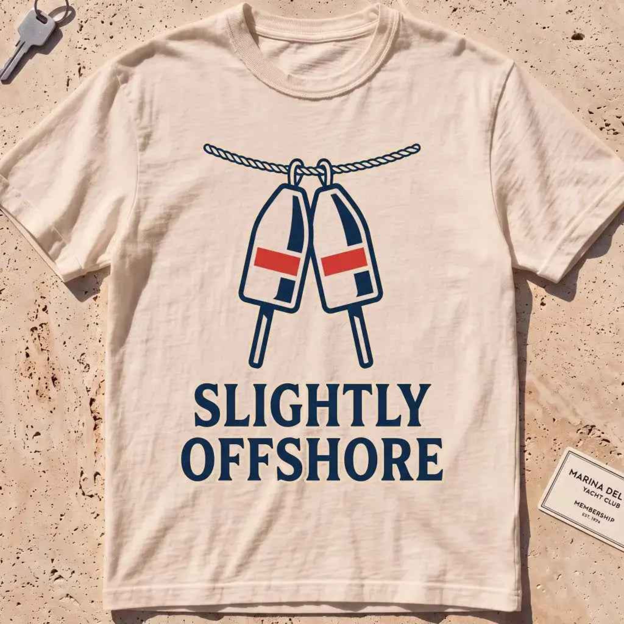 ivory heavyweight tee with a pair of red-accented lobster buoys graphic.