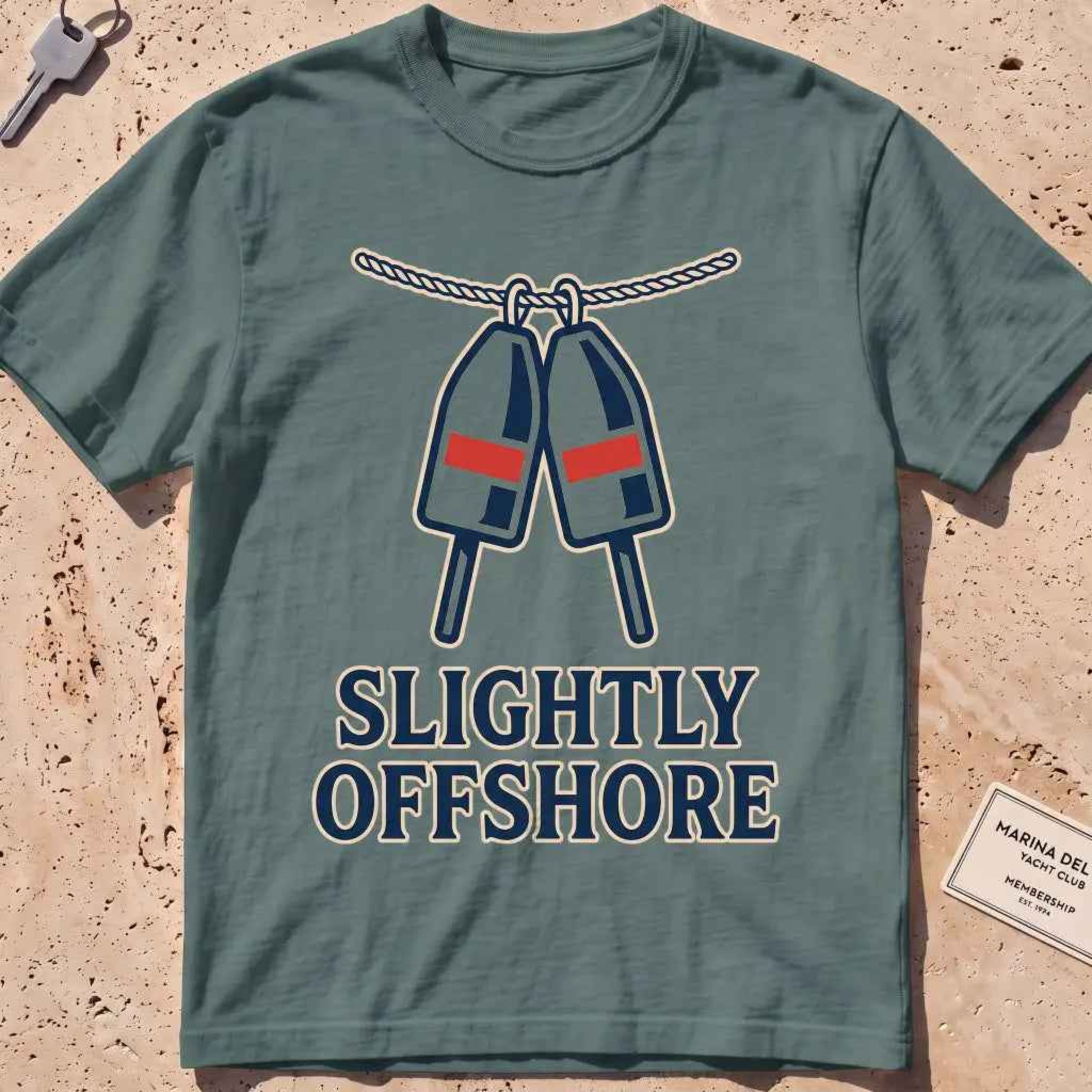 blue spruce heavyweight tee with a pair of red-accented lobster buoys graphic.