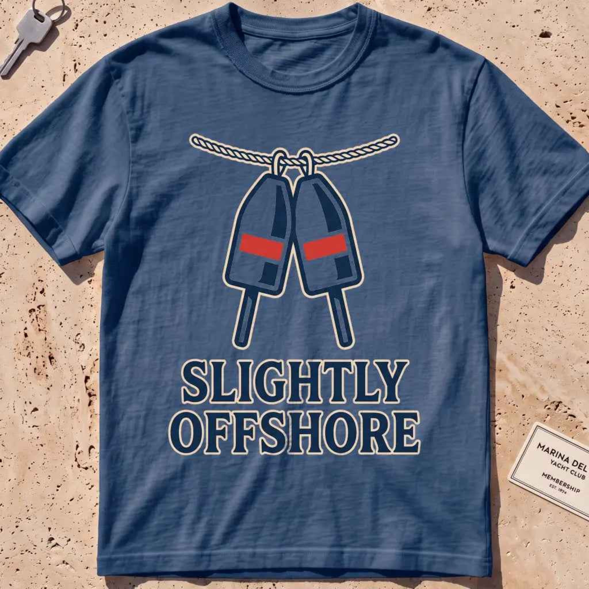 midnight heavyweight tee with a pair of red-accented lobster buoys graphic.