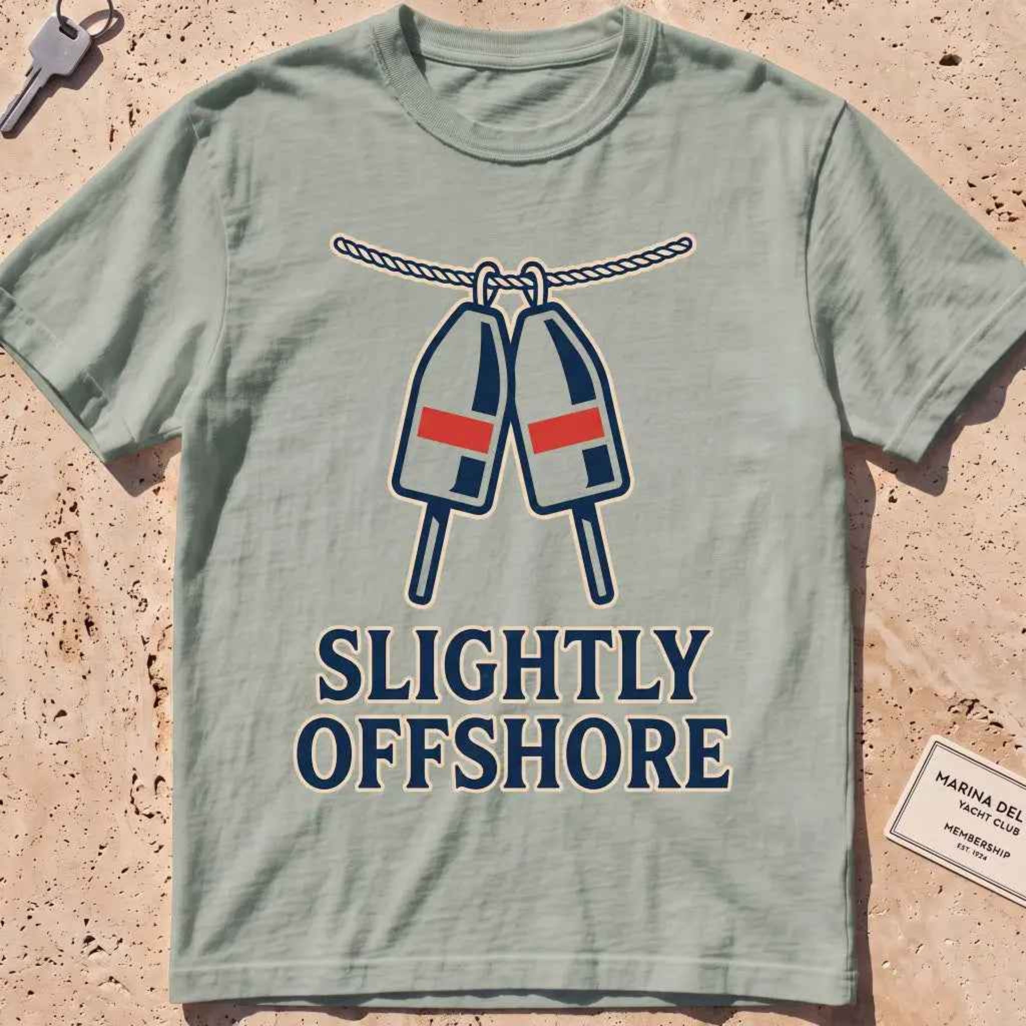 bay heavyweight tee with a pair of red-accented lobster buoys graphic.