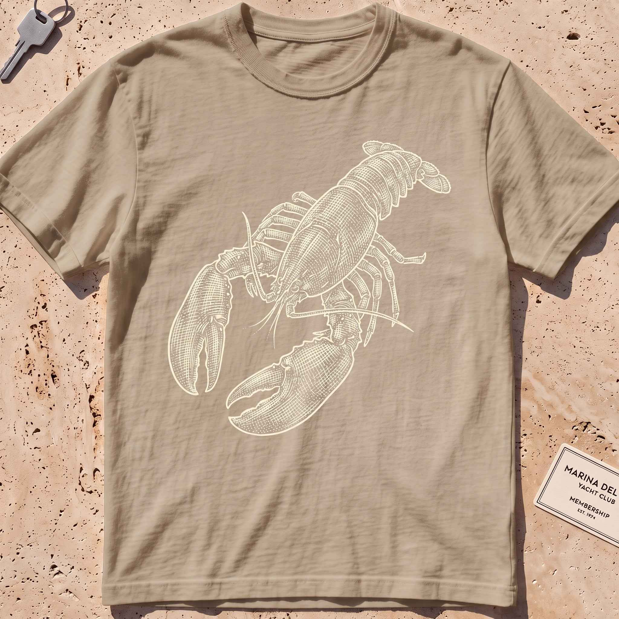 khaki heavyweight tee with a finely etched whole lobster graphic.