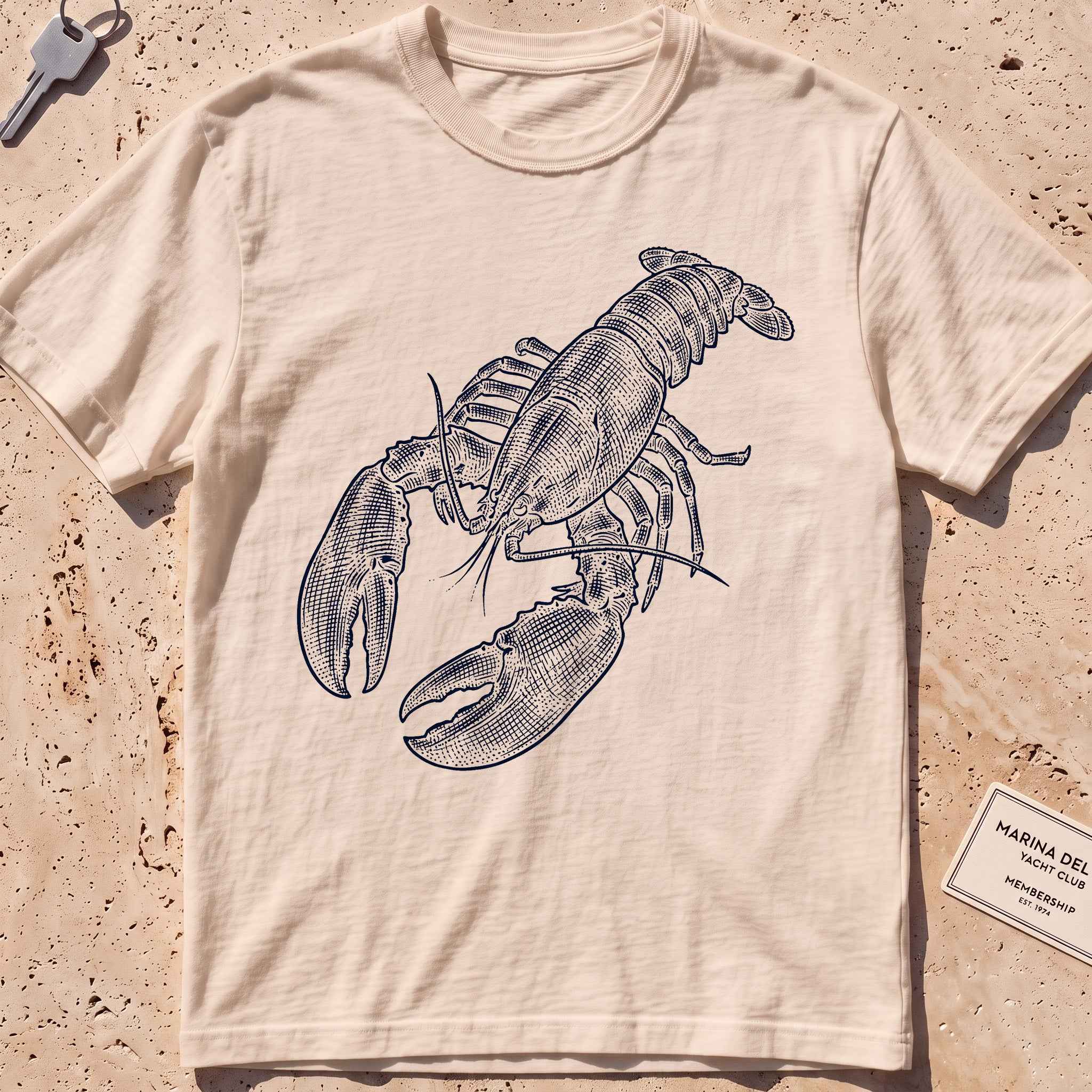 ivory heavyweight tee with a finely etched whole lobster graphic.