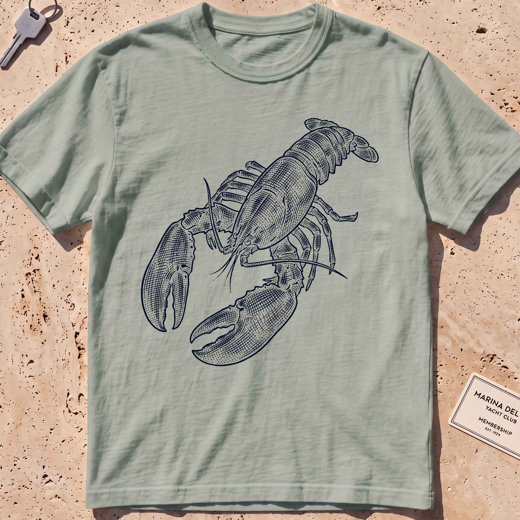 bay heavyweight tee with a finely etched whole lobster graphic.