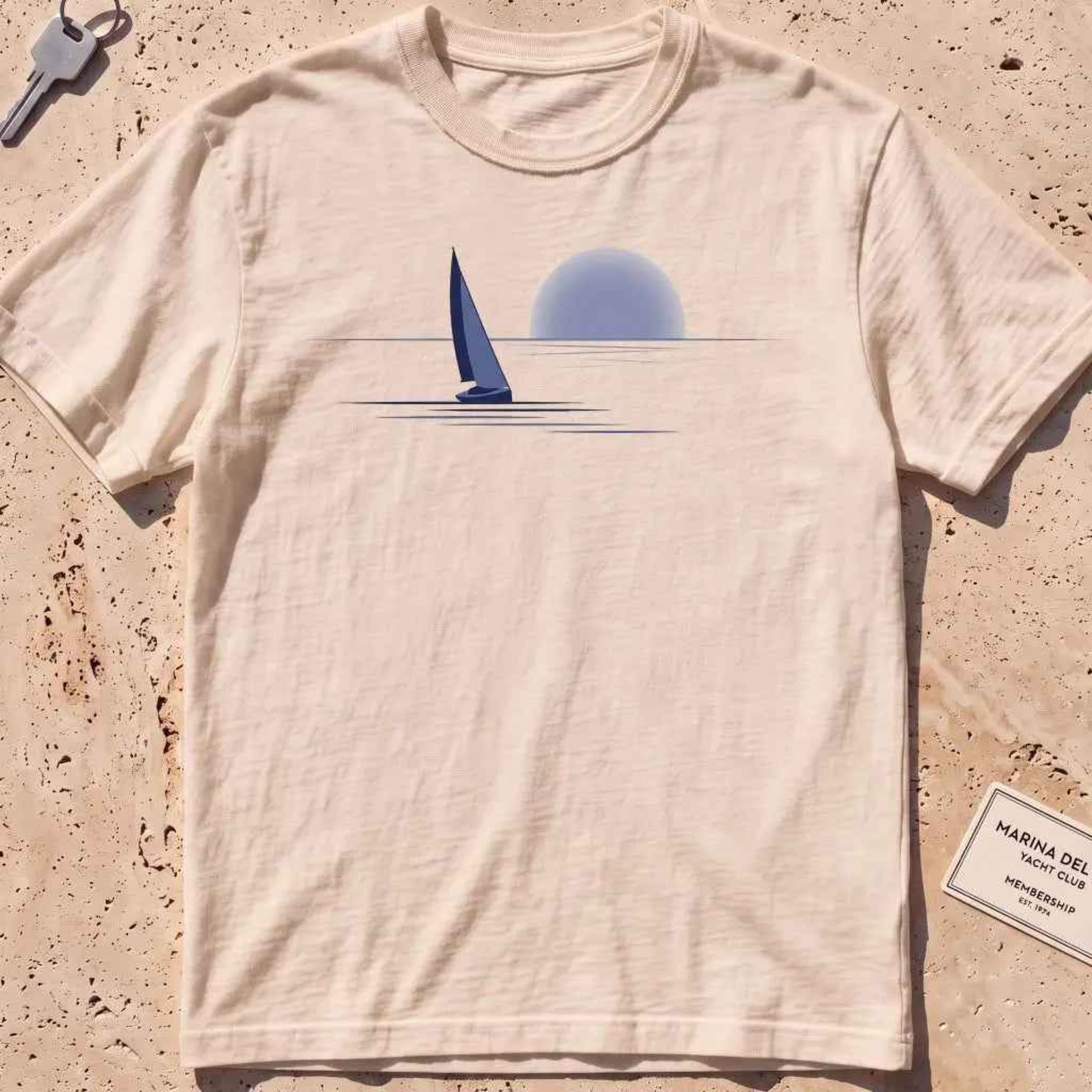 ivory heavyweight tee with a lone sail against a rising sun in minimal style.