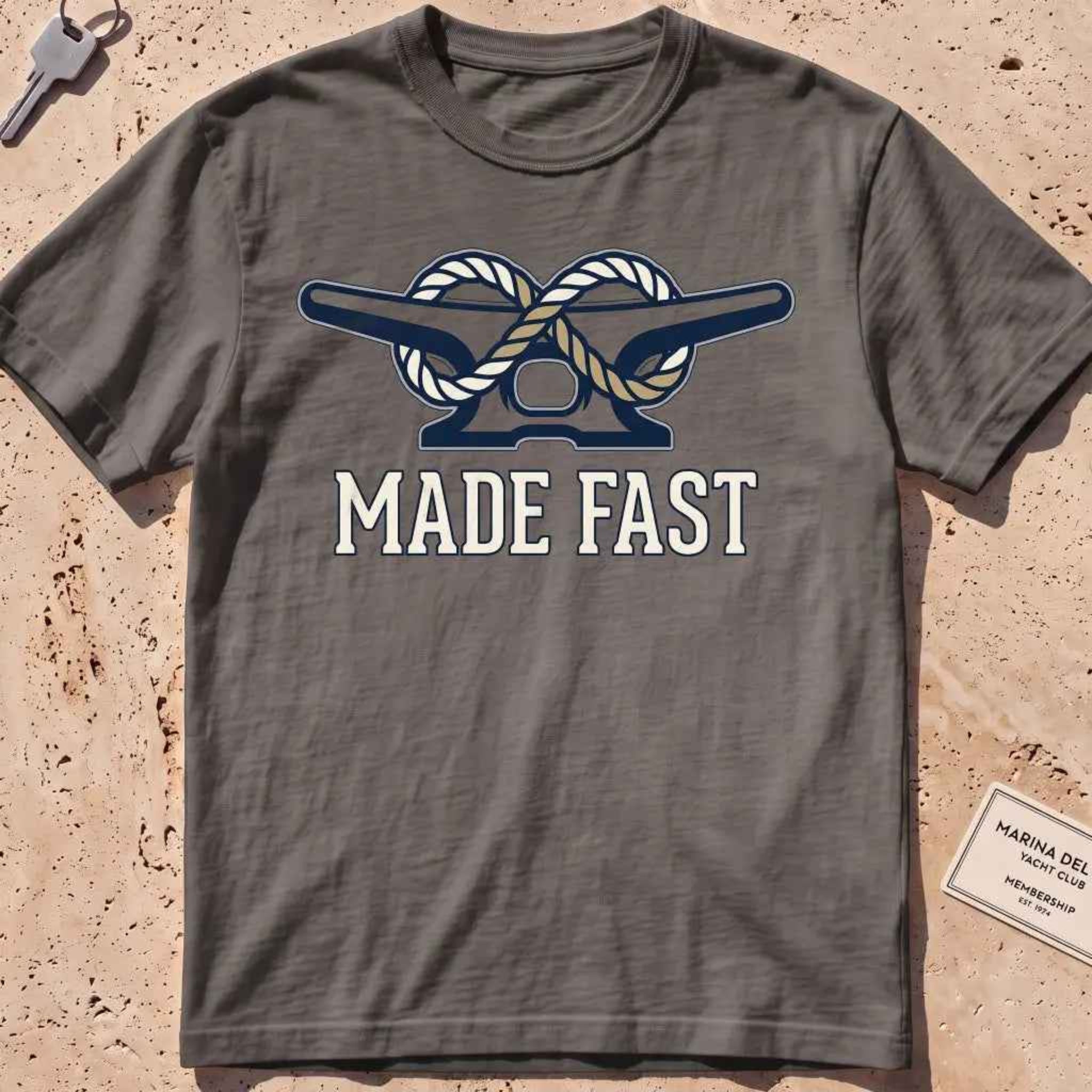 pepper heavyweight tee with a dock cleat and rope made fast, "Made Fast" graphic.