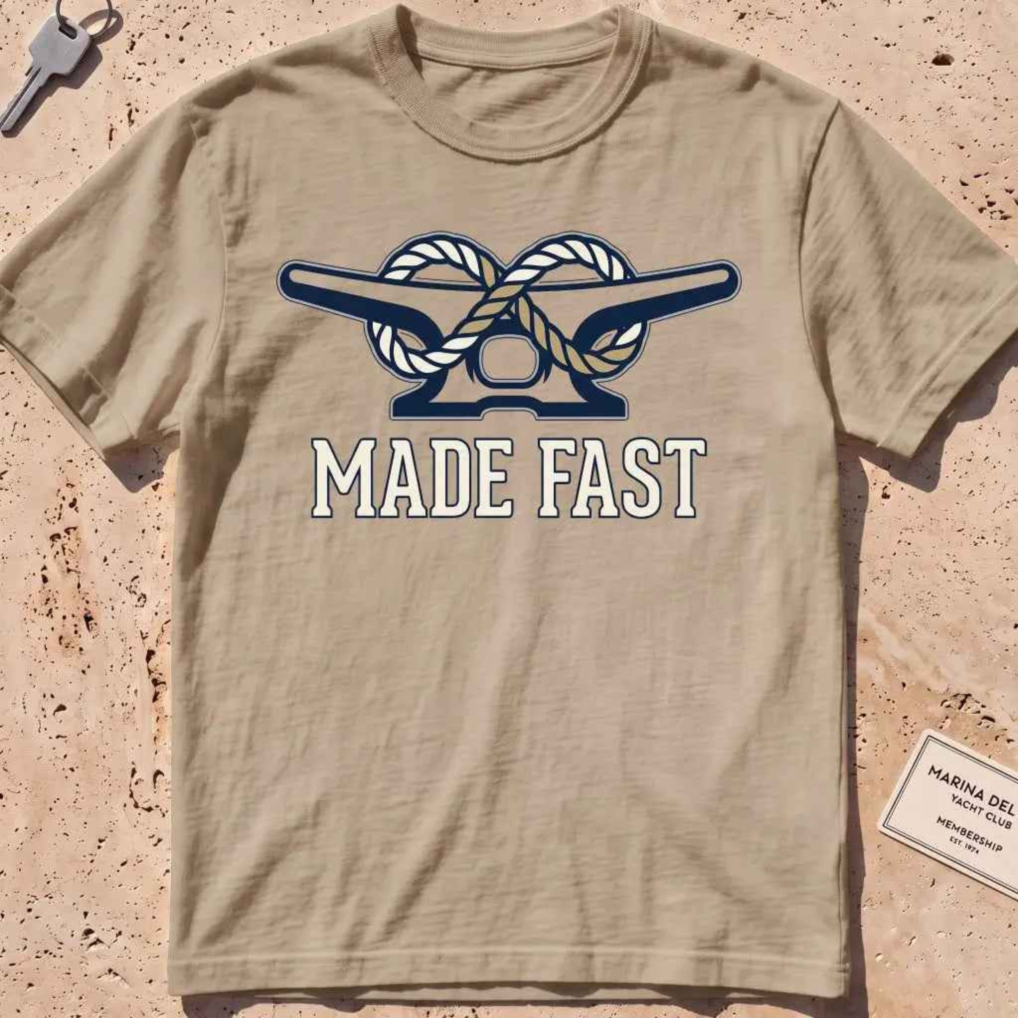 khaki heavyweight tee with a dock cleat and rope made fast, "Made Fast" graphic.