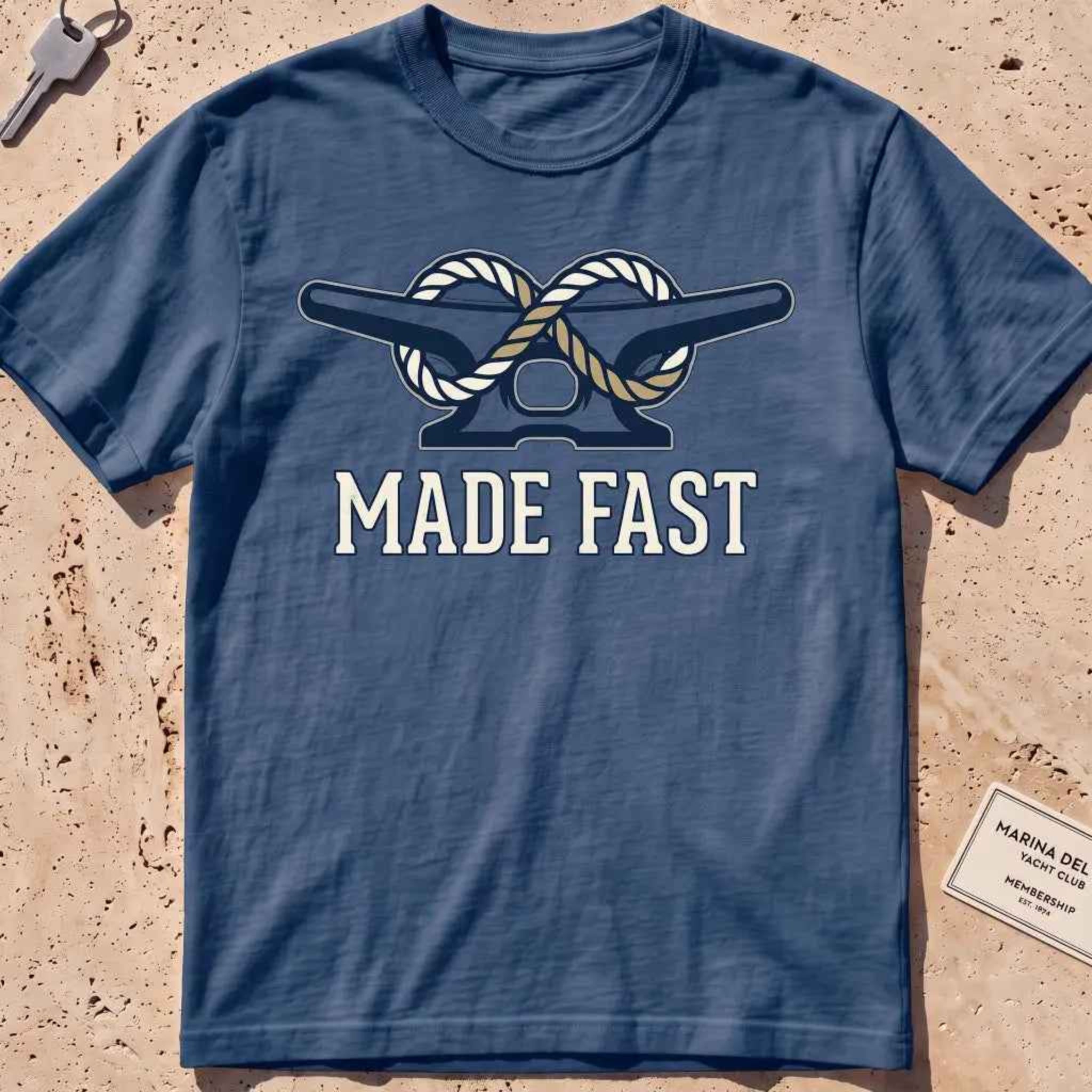 midnight heavyweight tee with a dock cleat and rope made fast, "Made Fast" graphic.