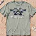 bay heavyweight tee with a dock cleat and rope made fast, "Made Fast" graphic.