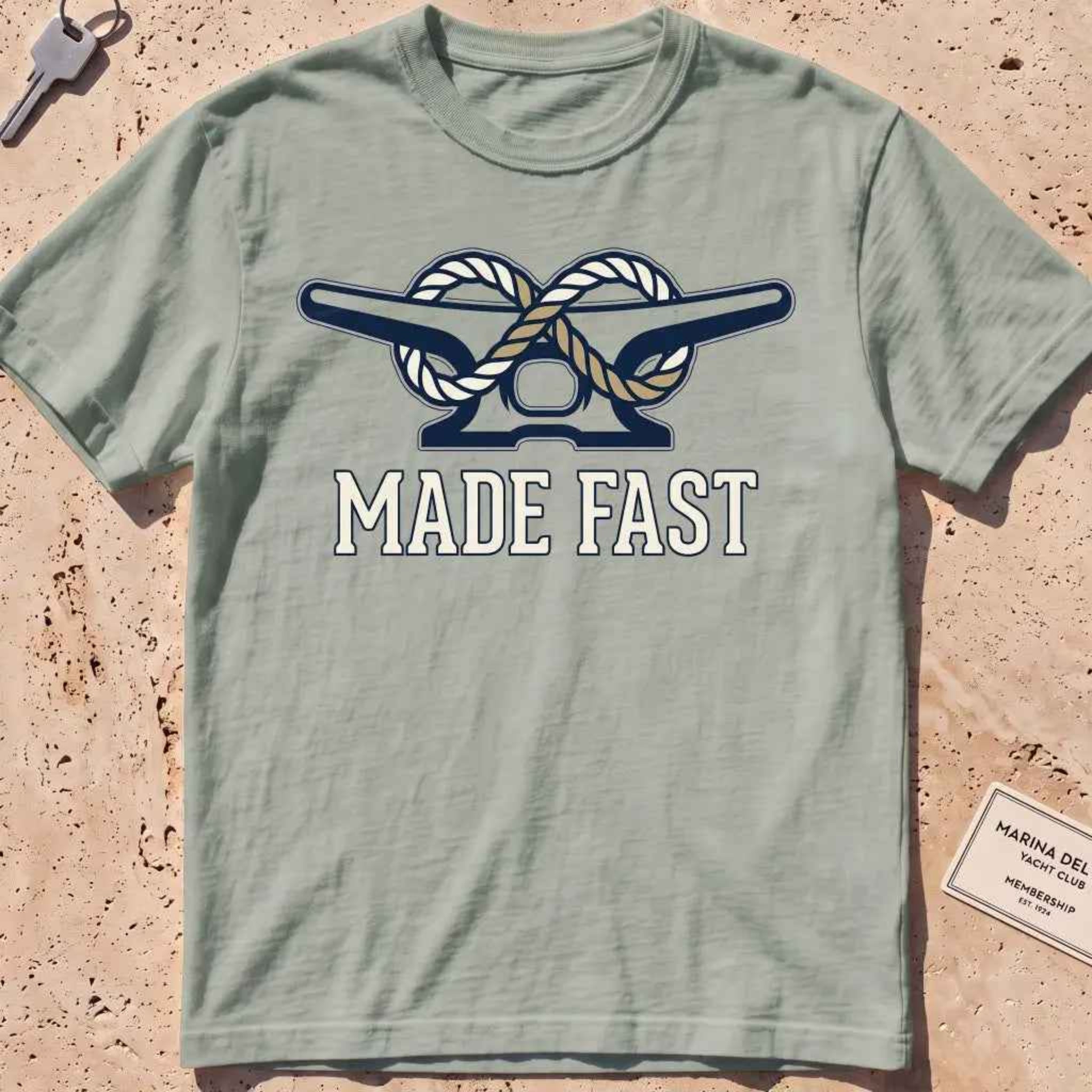 bay heavyweight tee with a dock cleat and rope made fast, "Made Fast" graphic.