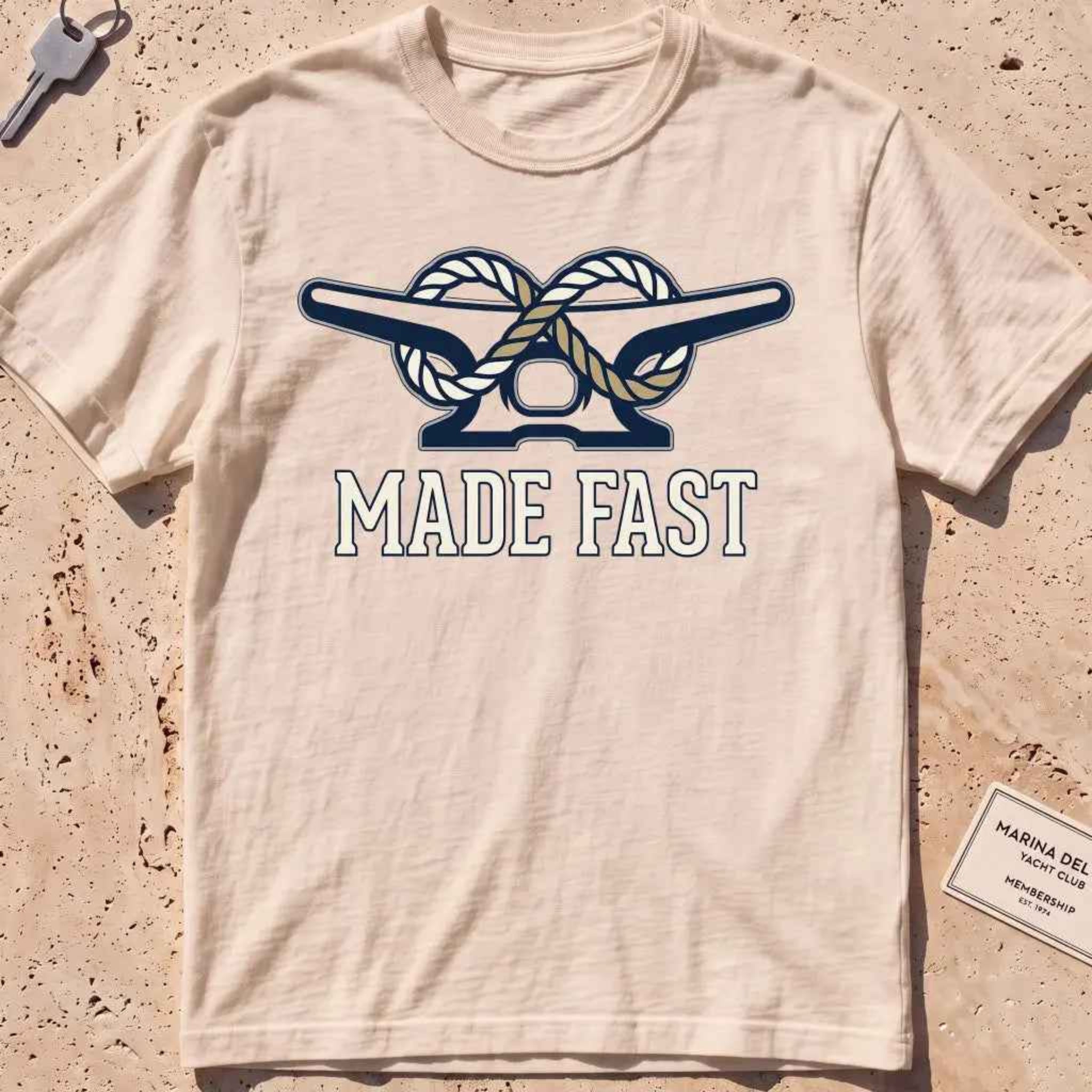 ivory heavyweight tee with a dock cleat and rope made fast, "Made Fast" graphic.